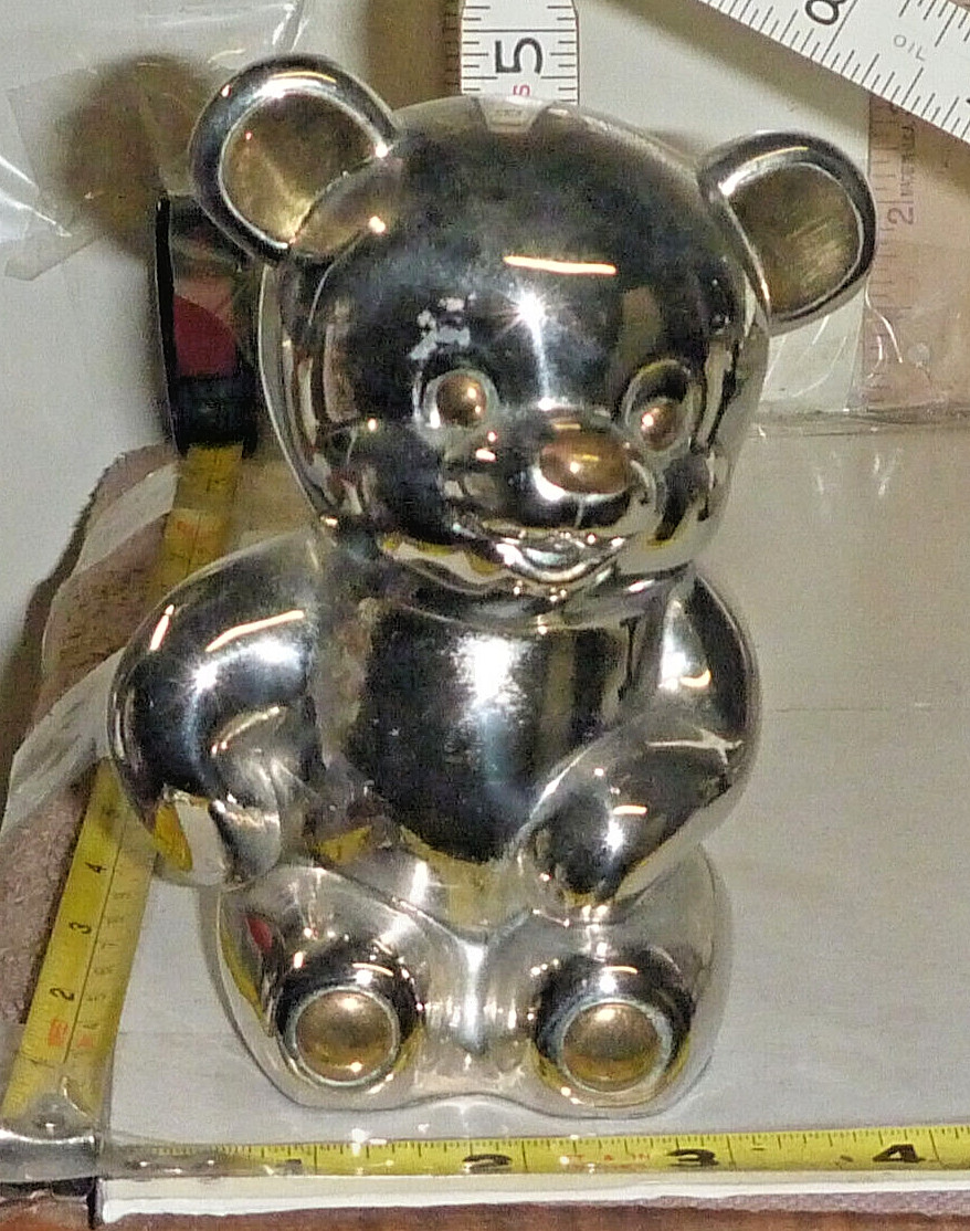 Vtg Silver Color Metal Sitting Teddy Bear Figurine ~5″ H , 1 Lb 3 oz