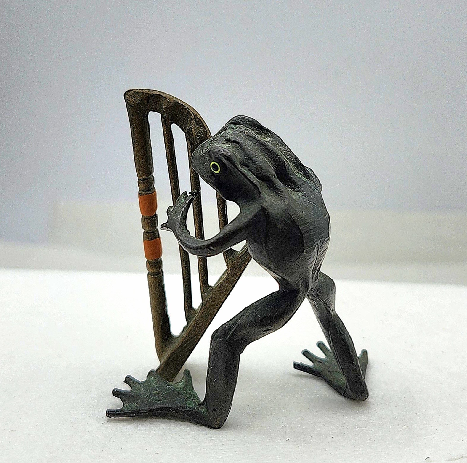 Antique Miniature Cold Painted Bronze Minstrel Frog Playing Harp