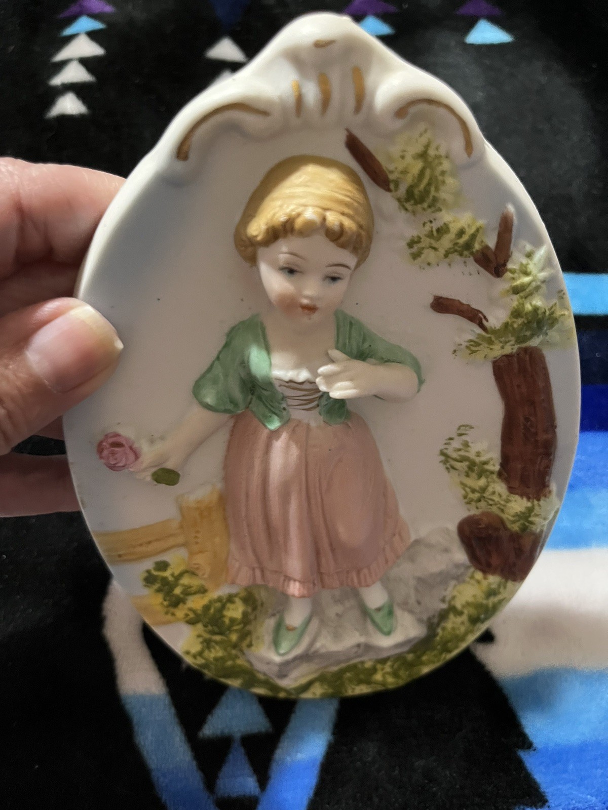 Victorian Wall Plaque By Ardco Girl Bisque Ceramic. Japan Made