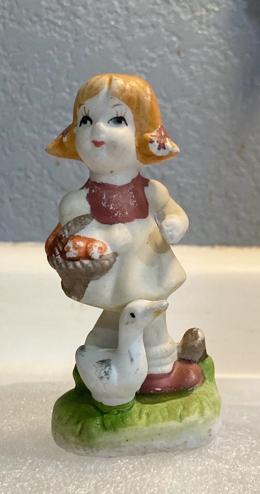 Little Girl Carrying a Fruit Basket & Goose Friend Porcelain Figurine ~ Vintage
