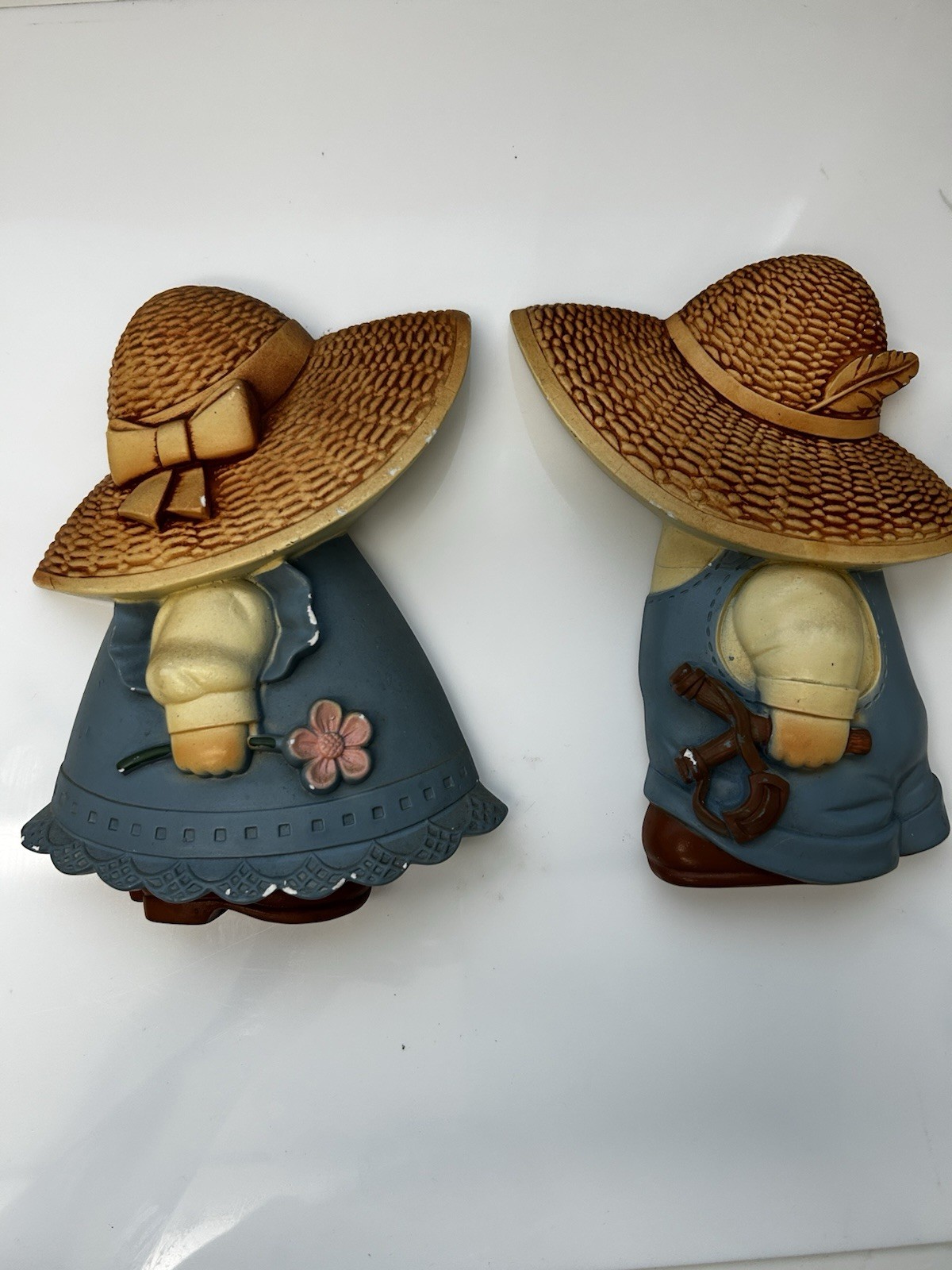 Vintage Country Boy and Girl Chalkware Wall Hanging Decor Set Farmhouse 80s