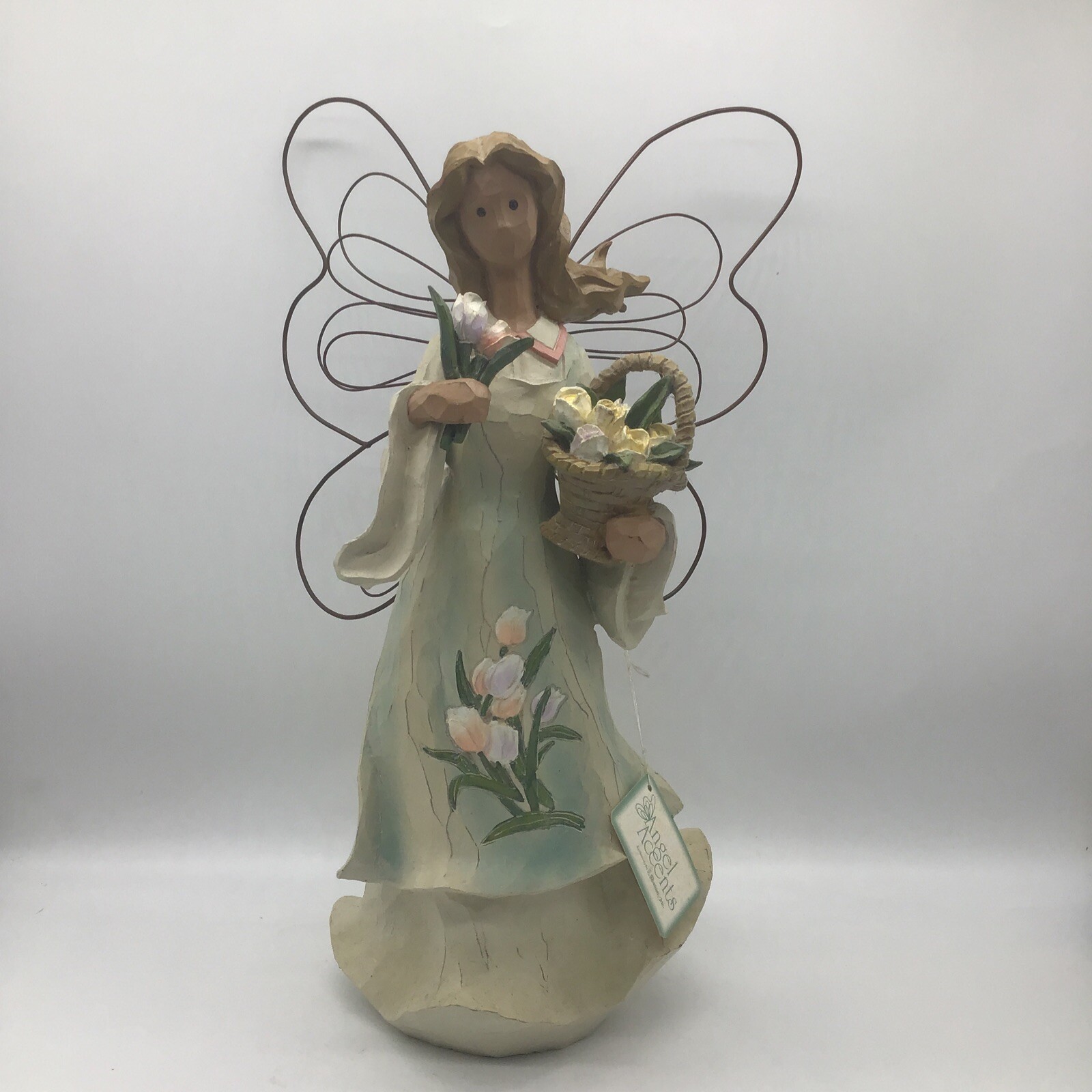 Vintage 2002 Angel Accents 16” Angel W/Tulips In Basket By Roman, Inc. 48137