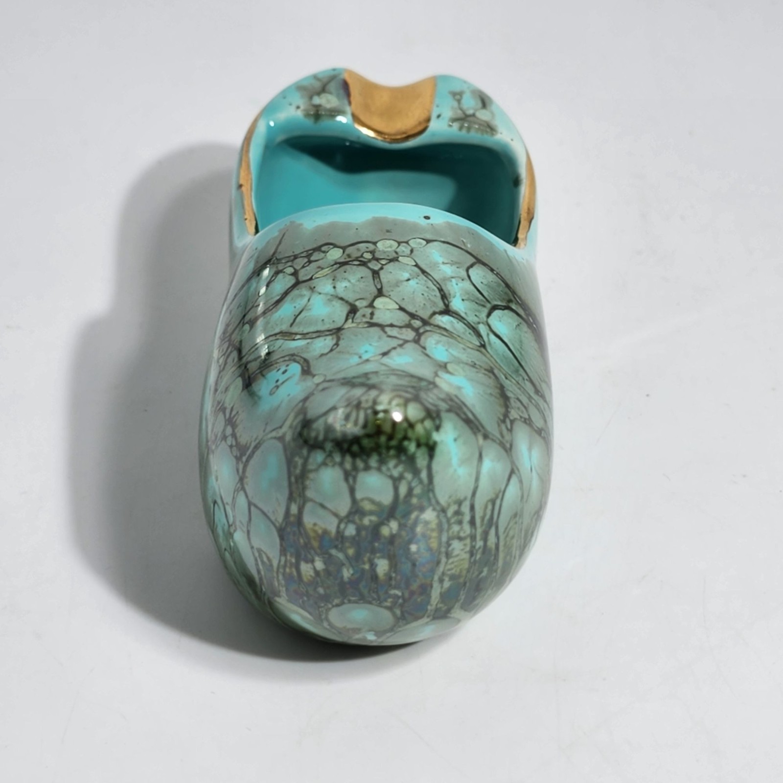 Vintage Dutch Ceramic Clog Shoe Turquoise and Gold Hand Painted Made in Holland