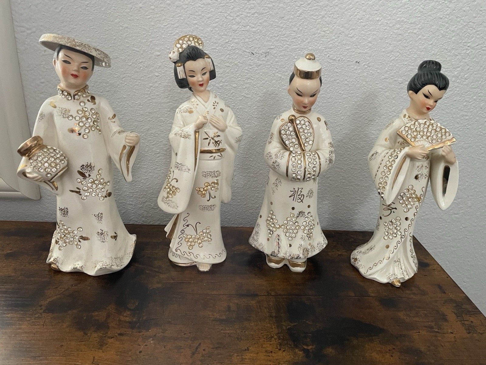 Vintage 1950’s LEFTON Asian Figurines With Rhinestones Lot Of 4