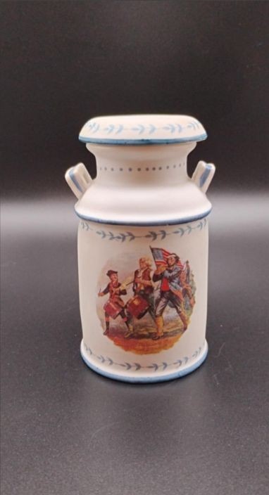 JASCO Revolutionary War Miniature Ceramic Milk Jug with lid, about 5″ tall