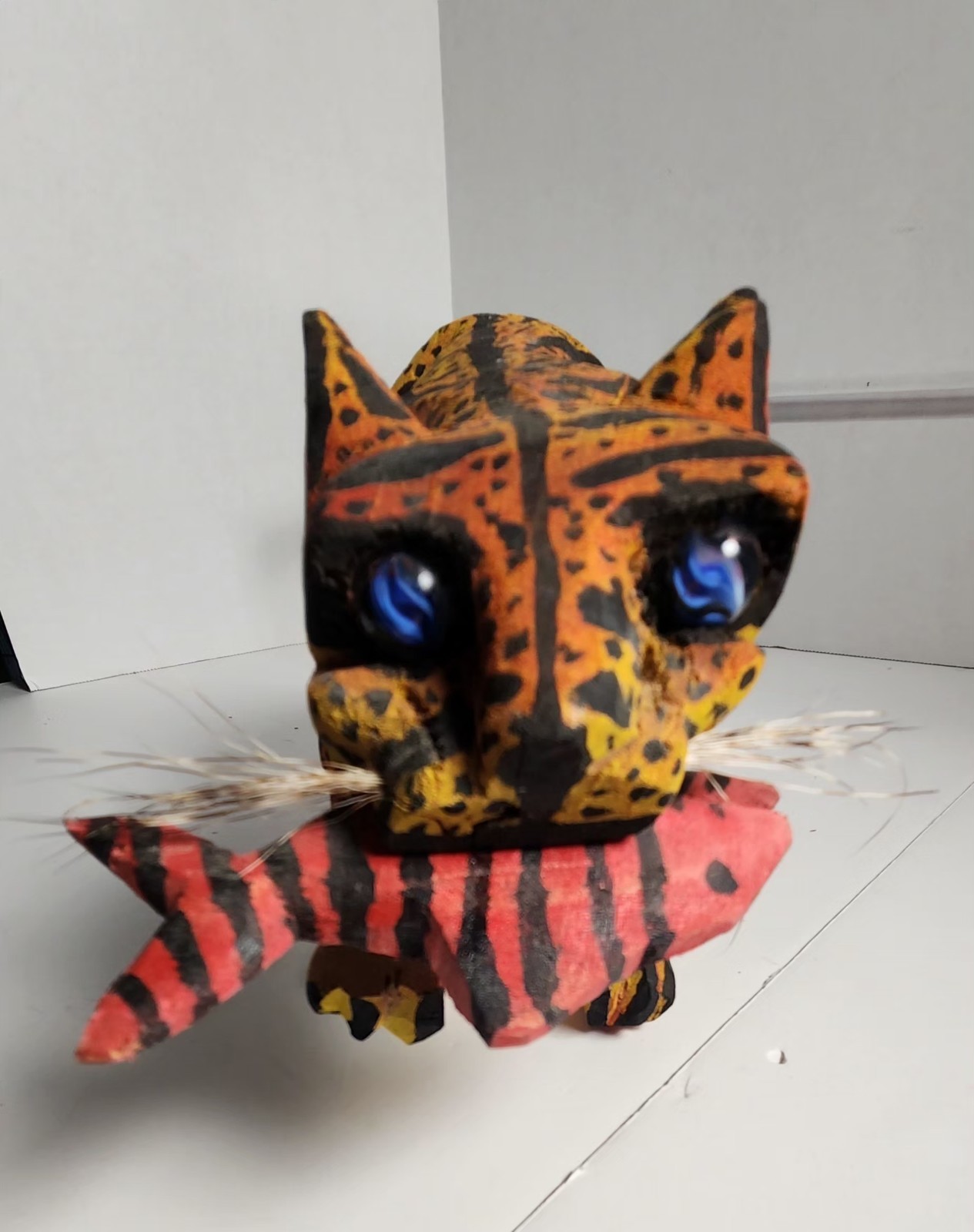 Carved Wood Hand Painted Crouching Tiger With Prey Whiskers Marble Eyes