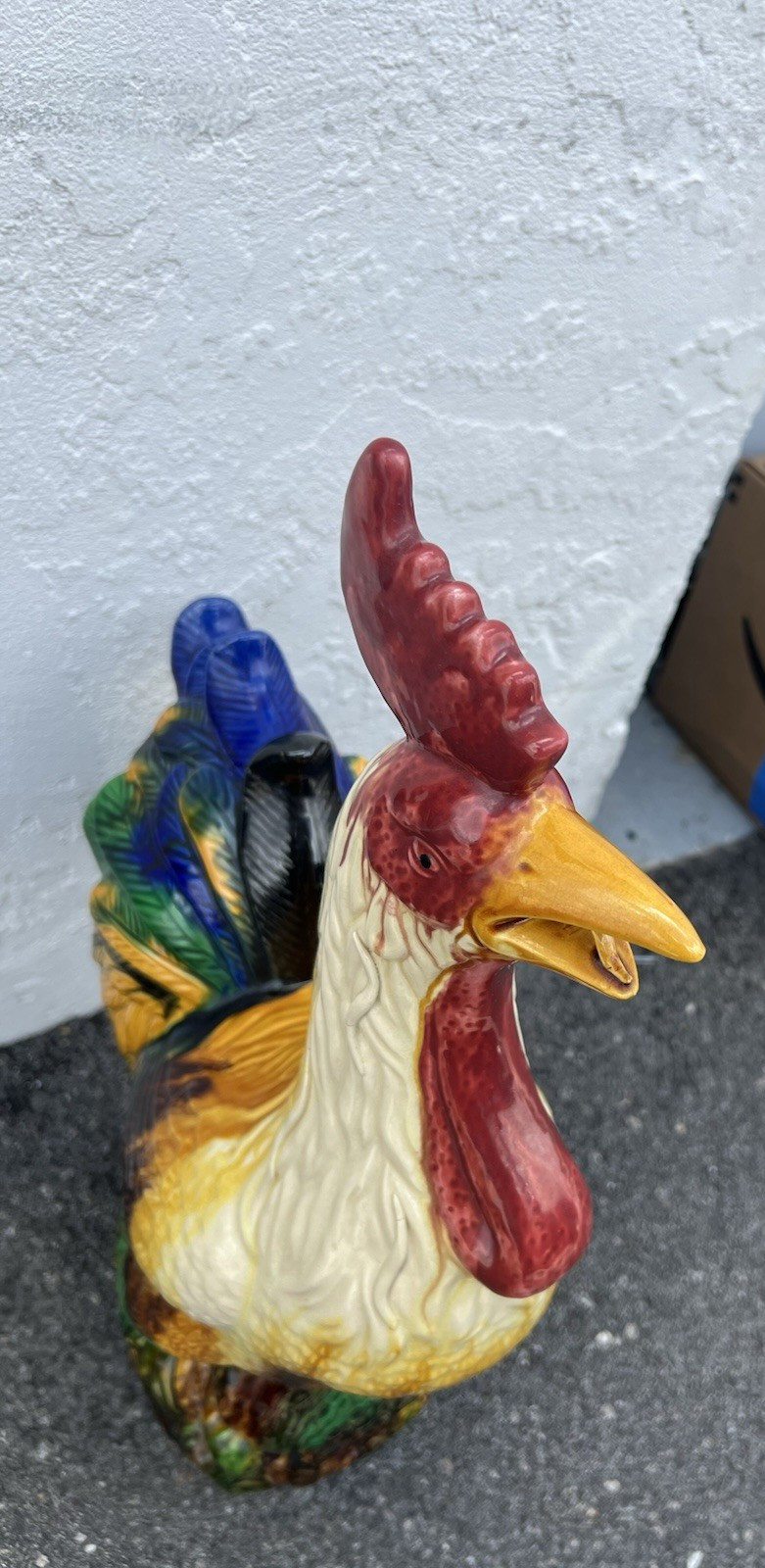 Vintage 12” Multi Color Ceramic Rooster Figurine with Classic Majolica Glaze