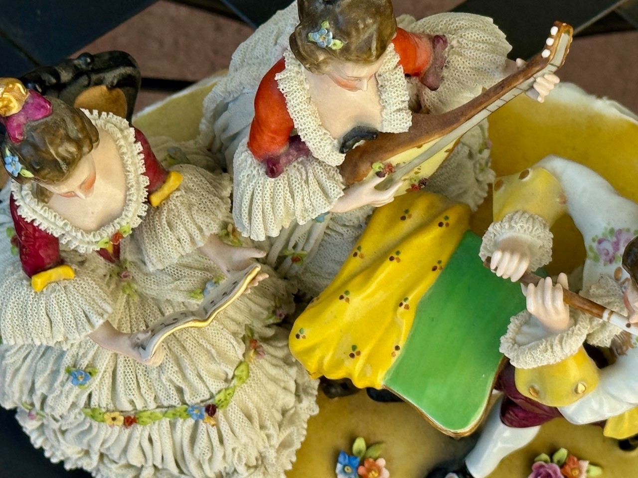 Vintage Dresden Lace Figurine–Three Musicians–WONDERFUL!!
