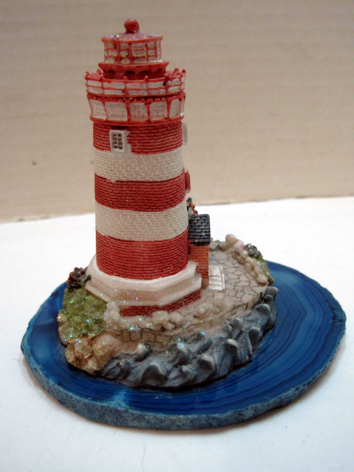 Vintage Lighthouse On Ocean Blue Agate Stone Base Hand Painted Made in Brazil
