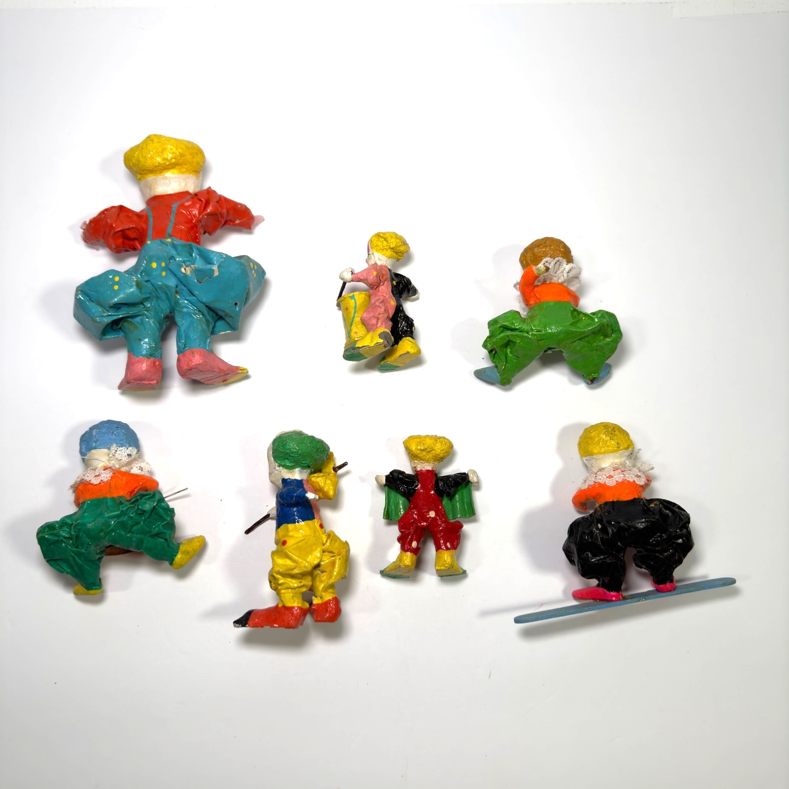 Paper Mache Clowns LOT of 7 Colorful Various Sizes Vintage Musical Instruments
