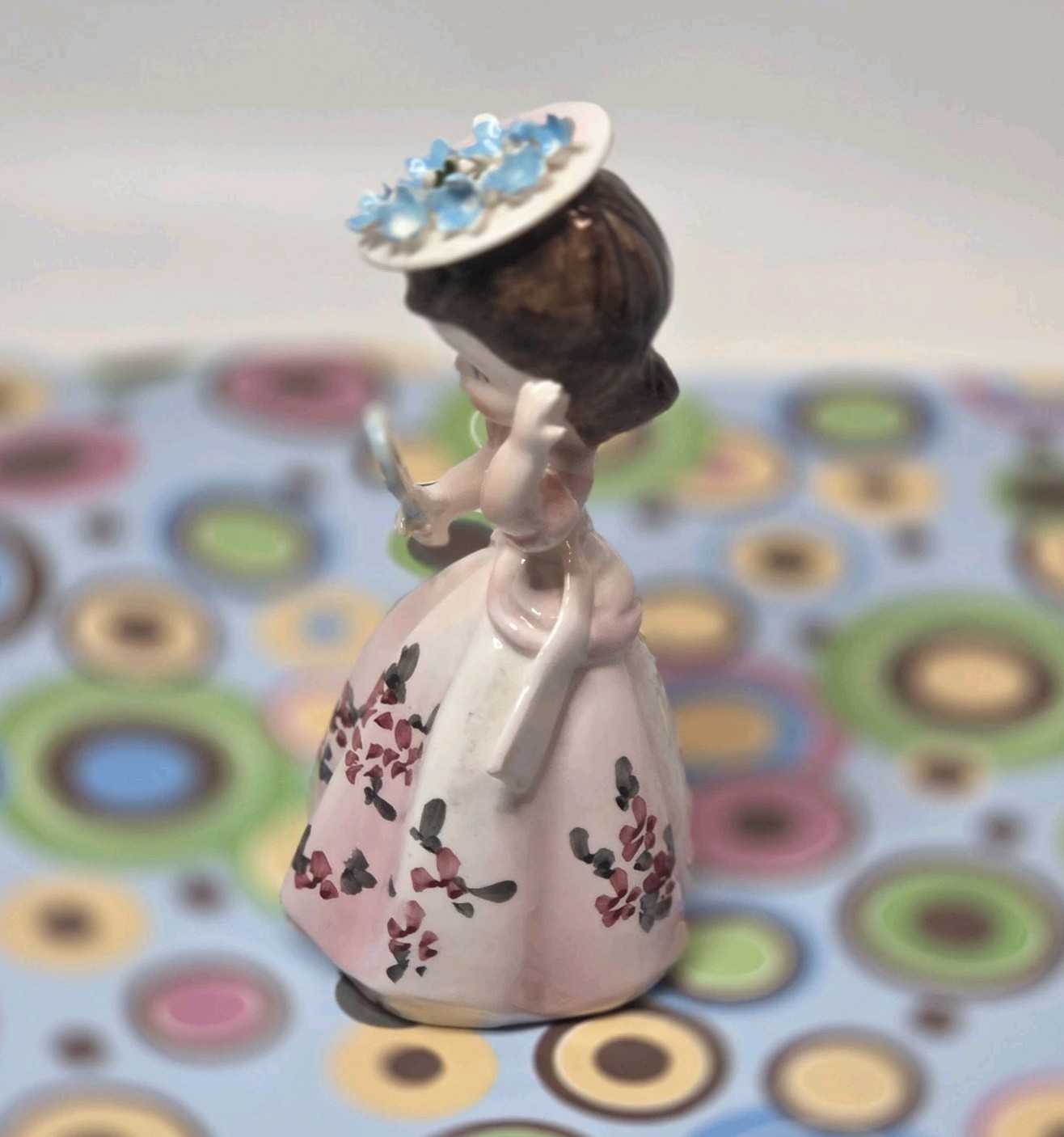 Vtg Lefton Girl Figurine Pink Dress Mirror Flower Hat Ceramic 1448 4.75″ READ