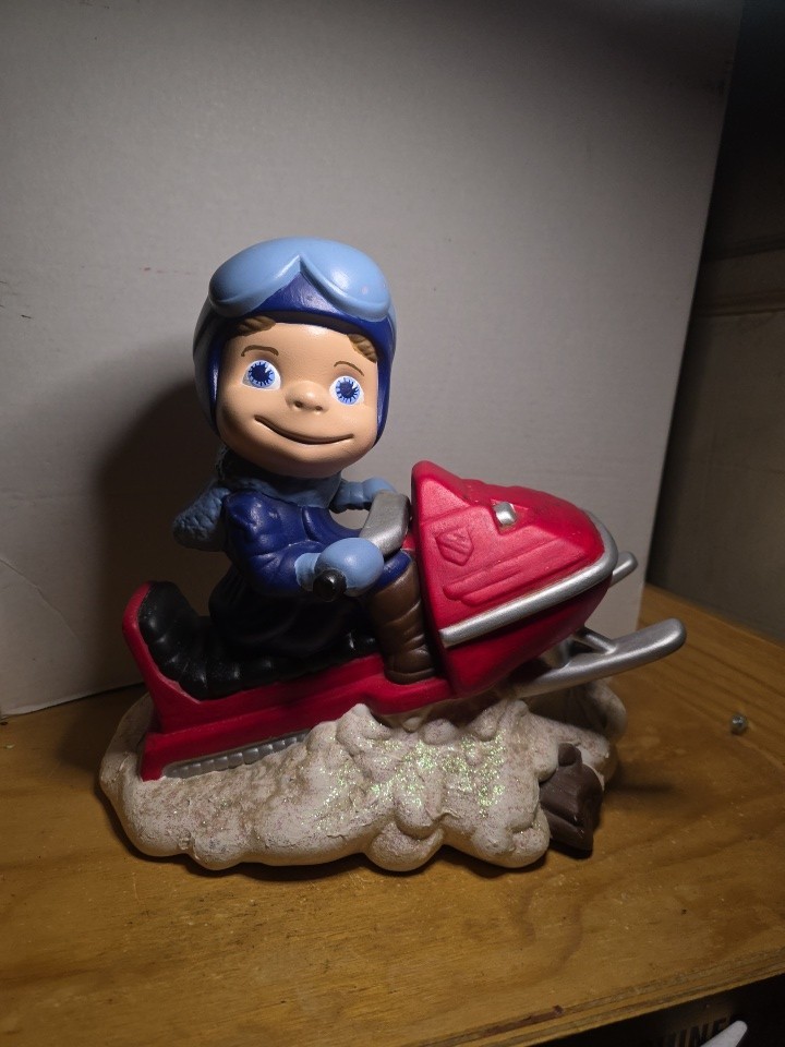 Vintage 1984 Smiley Boy Snowmobile Snow Winter Ceramic Figure Ceramics