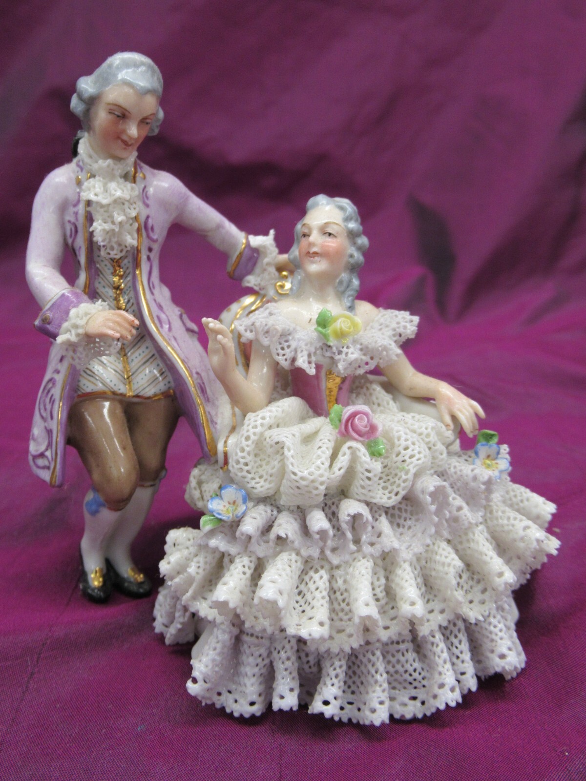 Antique German Muller Volkstedt Germany Man & sitting woman figure – lace dress