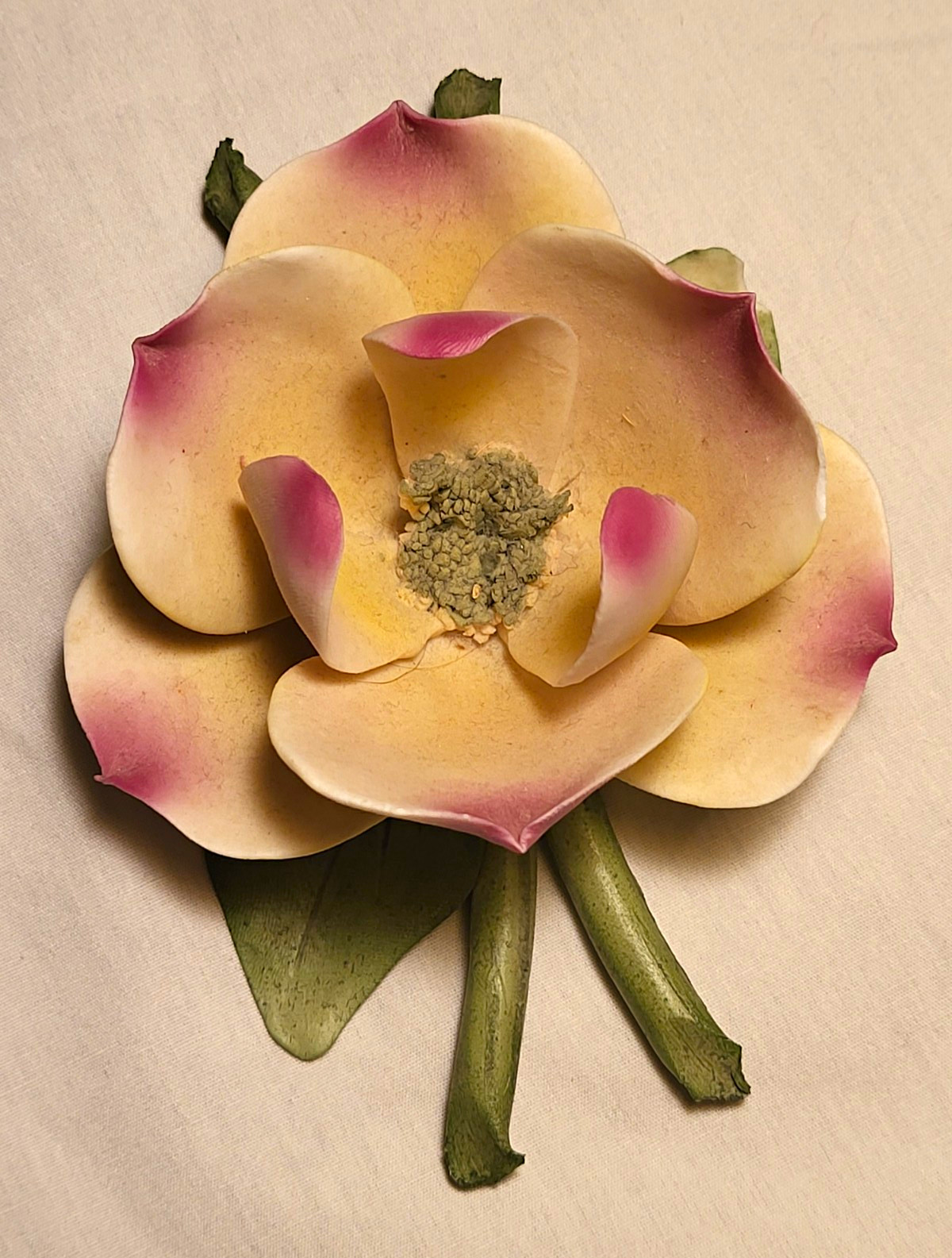 Hand Painted Ceramic Flower Figurine Cream Pink Green Matte Finish Unboxed
