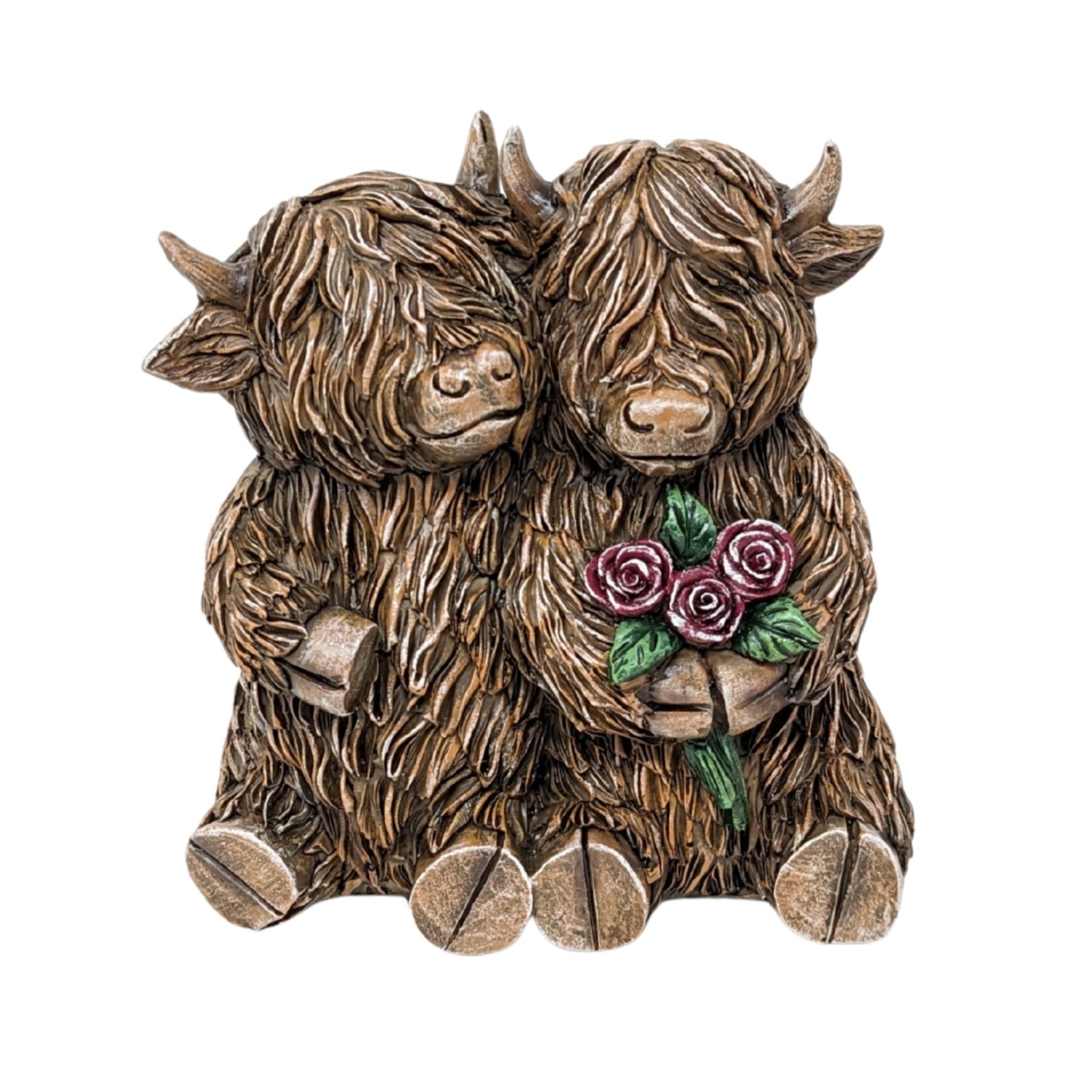 Highland Cow Couple Figurine – Rustic Resin Cow Statue with Flowers