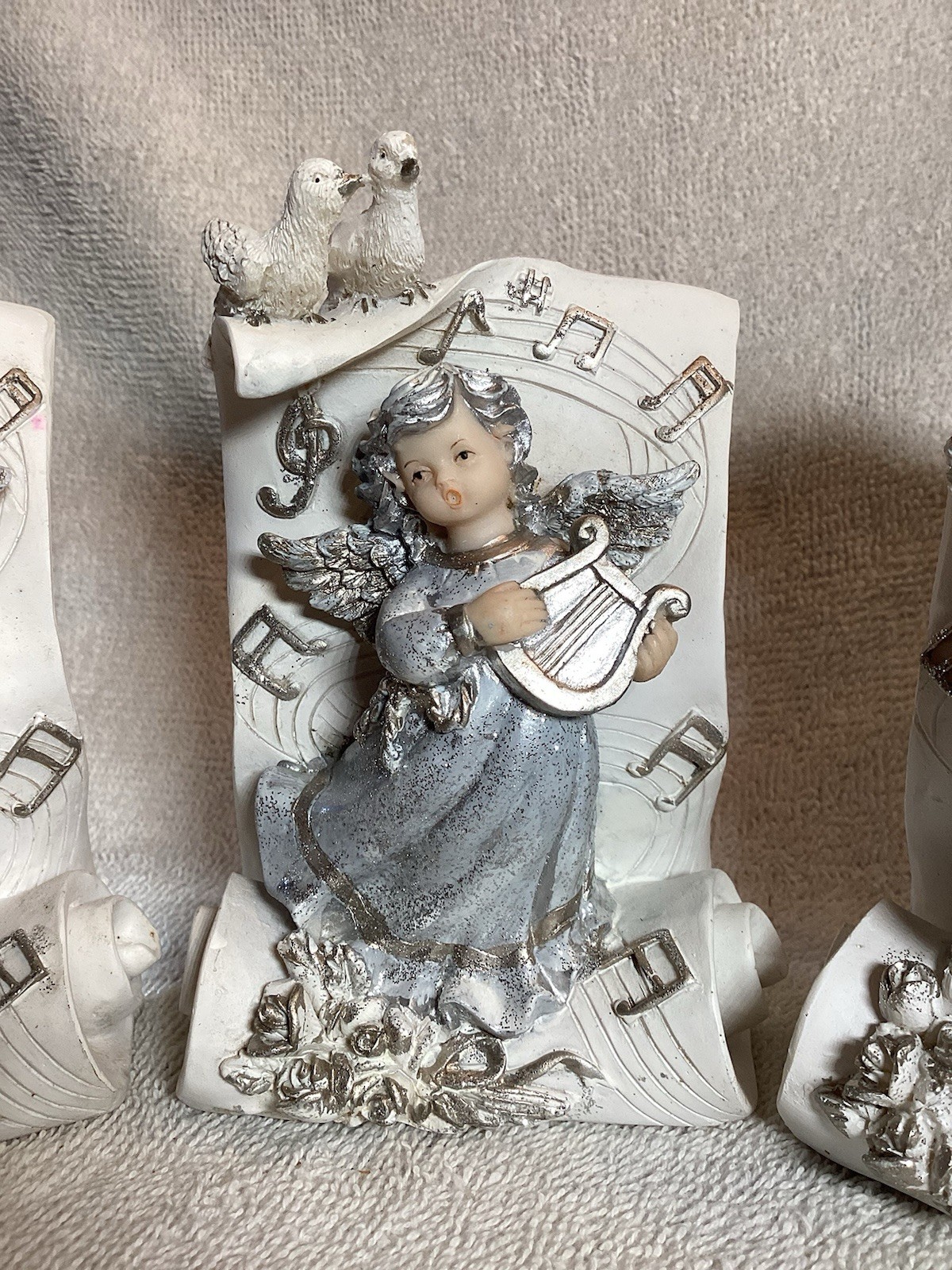 Vintage Silver & White Angel Figurines 3 Each Playing Musical Instruments