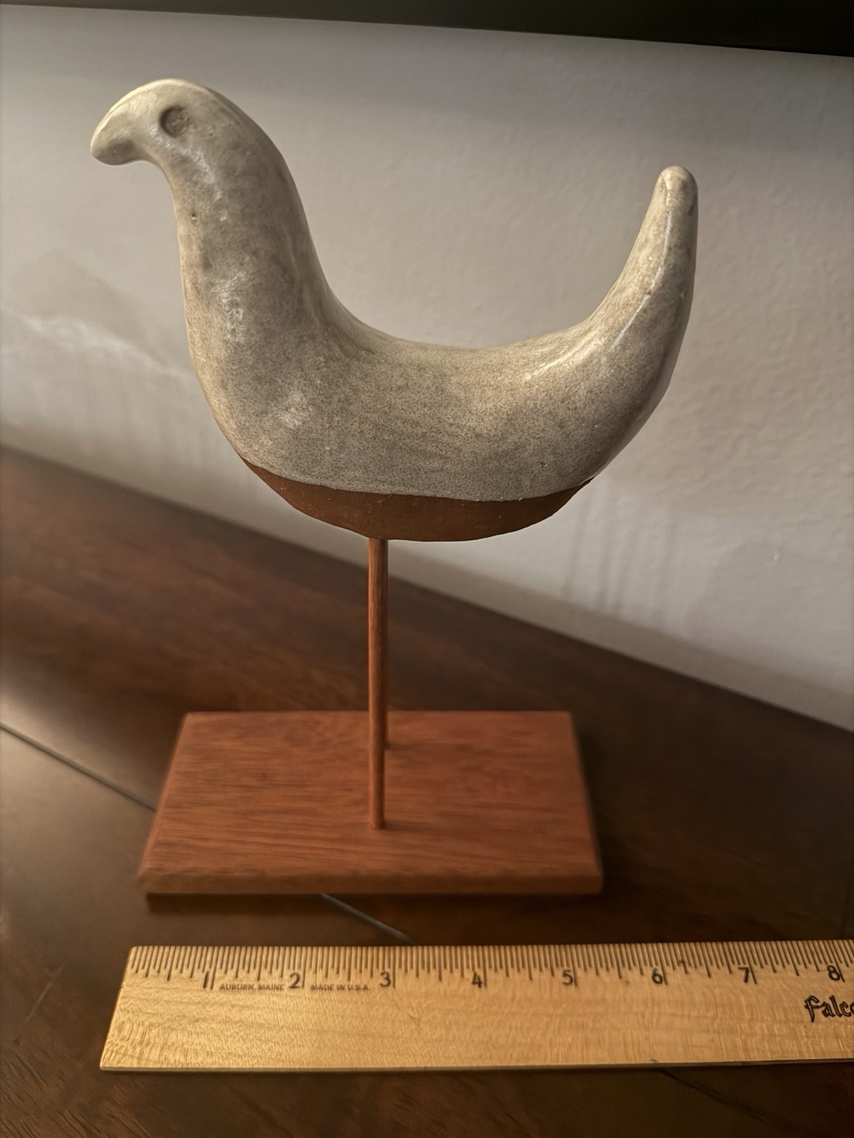 Handmade Ceramic and Wood Bird Figurine, Gray Brown, Hand Painted, 9″ Tall