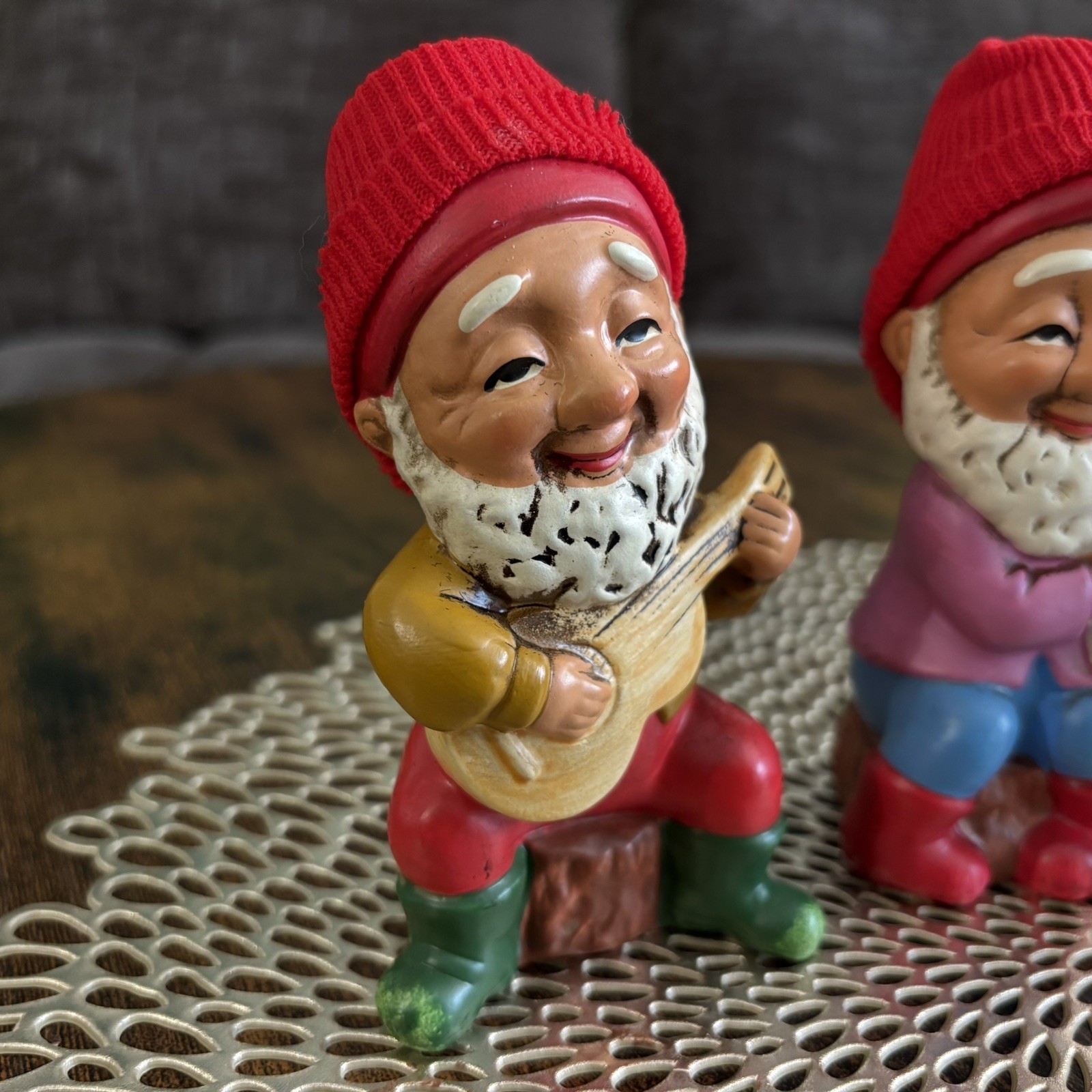 Vintage Figurines 3 Gnomes Playing Instruments Knitted Hats 5”