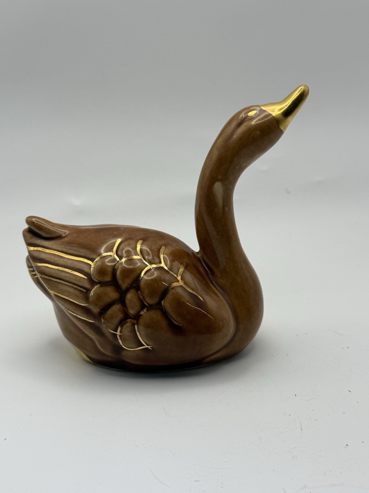 Vintage porcelain Brown GOOSE figurine, 1950s gold detailing