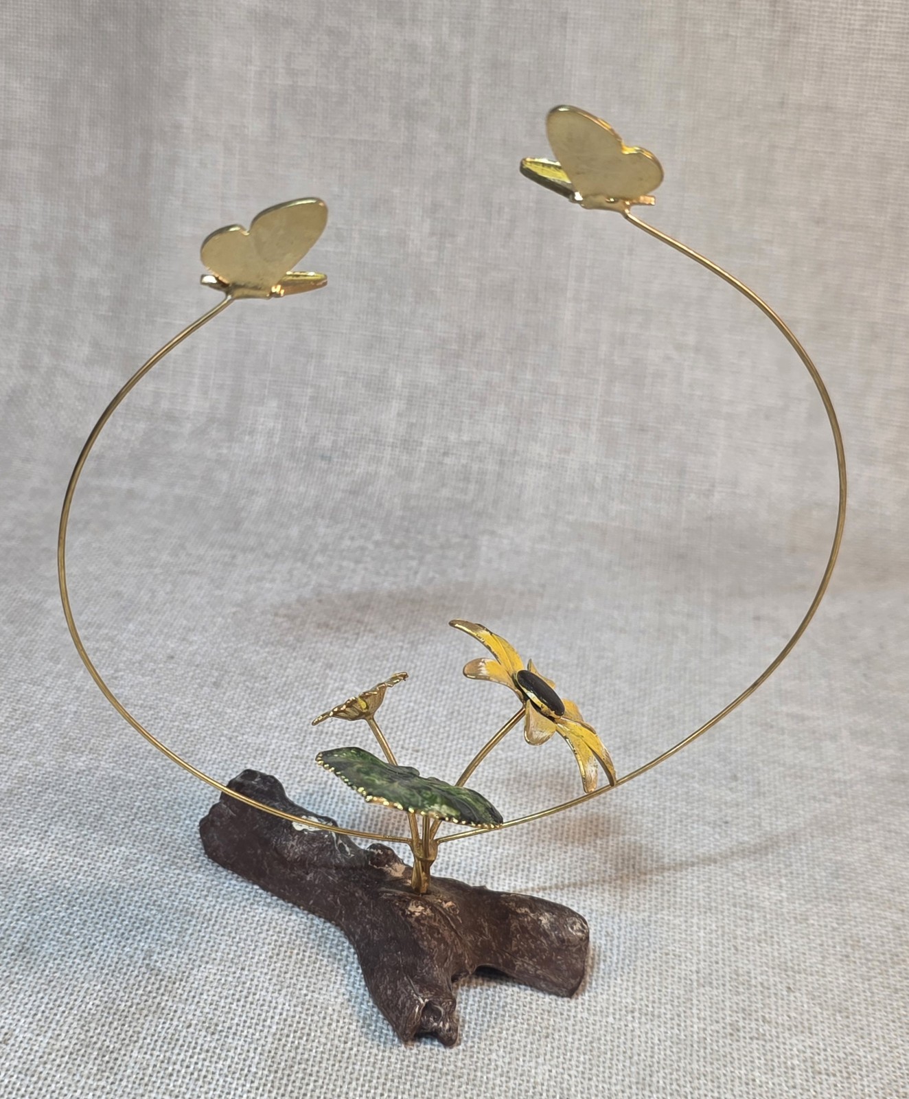 Metal Sculpture Butterflies Flowers Leaves Resin Log Base Handpainted Goldtone