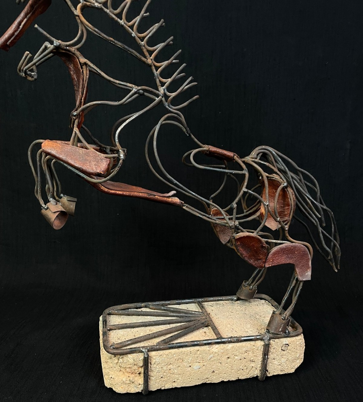 Vintage Brutalist Metal & Leather Horse Sculpture on Concrete Base 20” MCM
