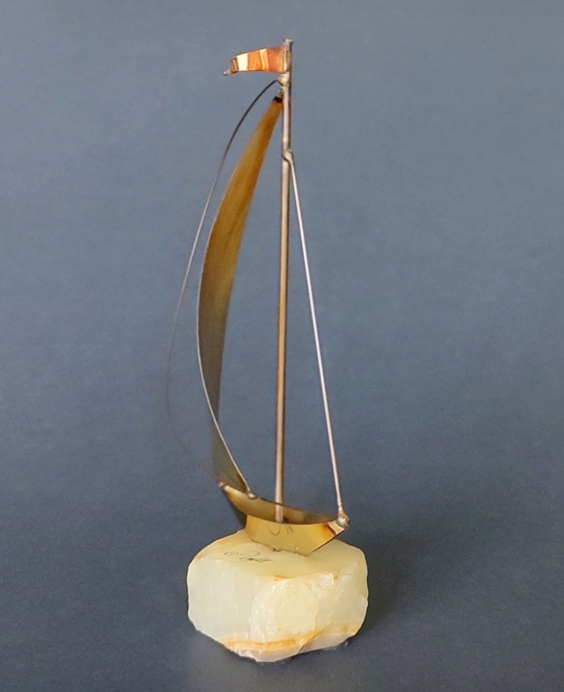 Vintage 1970s Brass Metal Sailboat Sculpture on Onyx Stone Base Signed DeMott