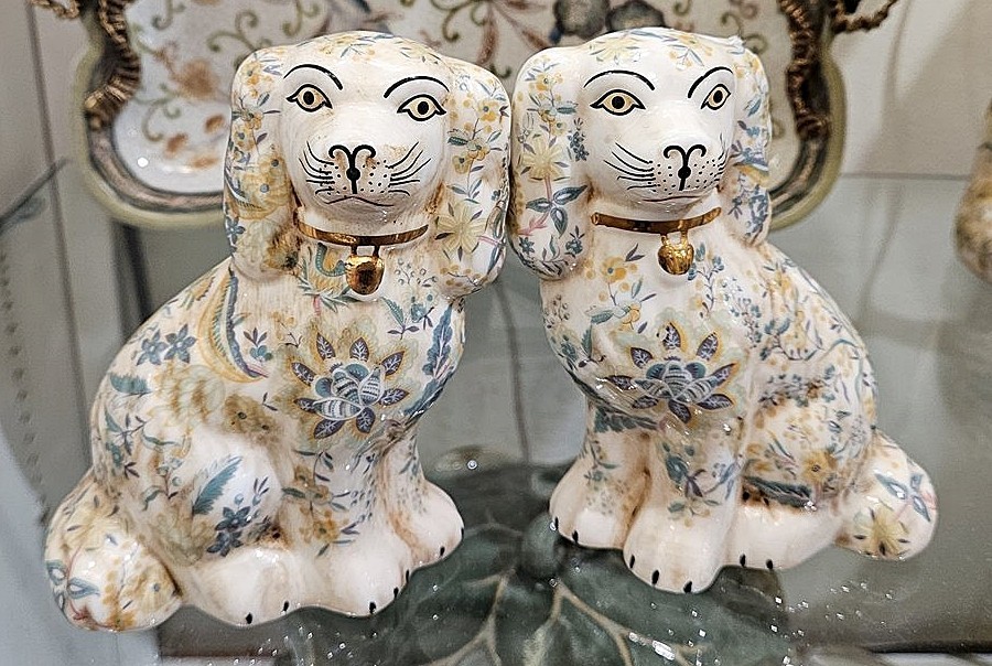 Pair, Porcelain Reproduction Staffordshire Dogs.Light Blue, Yellow Floral (6”H)