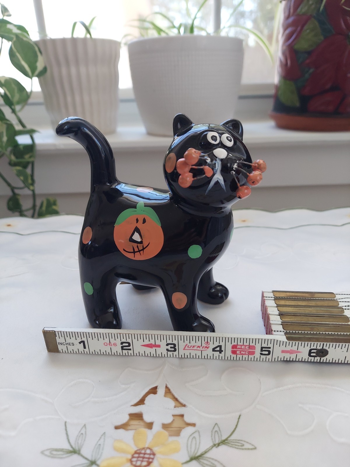 Black Cat Figurine Halloween Ceramic 5.5 Inches Figure Whimsical Jack-o-Lantern