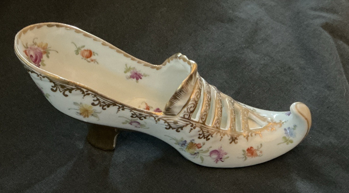 Antique DRESDEN Hand Painted Floral & Gold Shoe By Franziska Hirsch