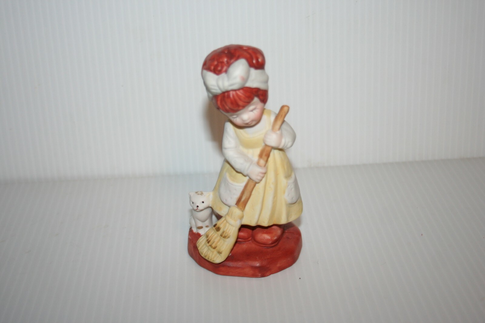 Vintage Figurine Girl w Broom Kitten At Her Feet Hand Painted Bisque Porcelain