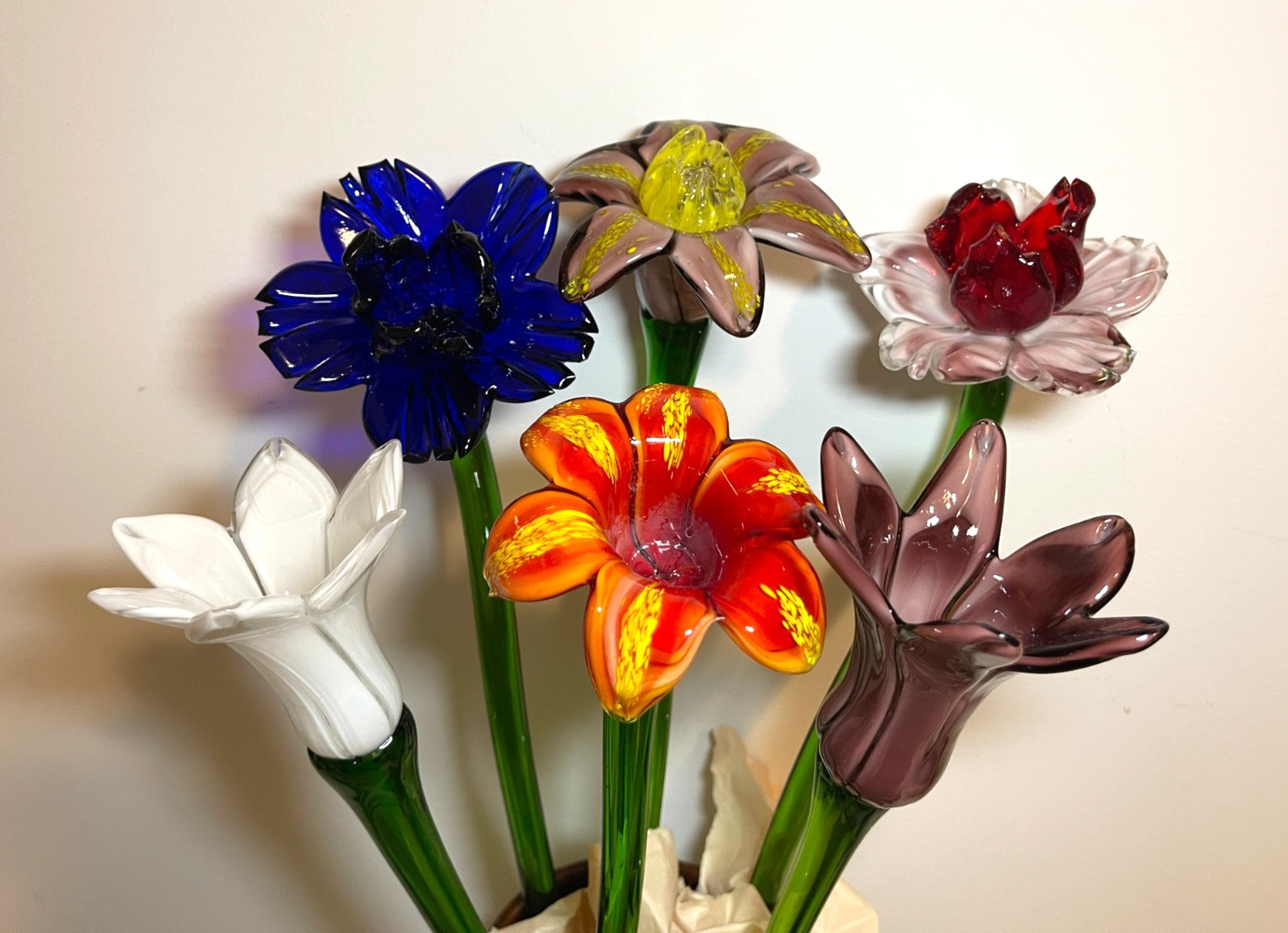 Set of 6 – 19″ Long Stem Multi-Color Glass Flower – Murano Hand Blown Glass #30
