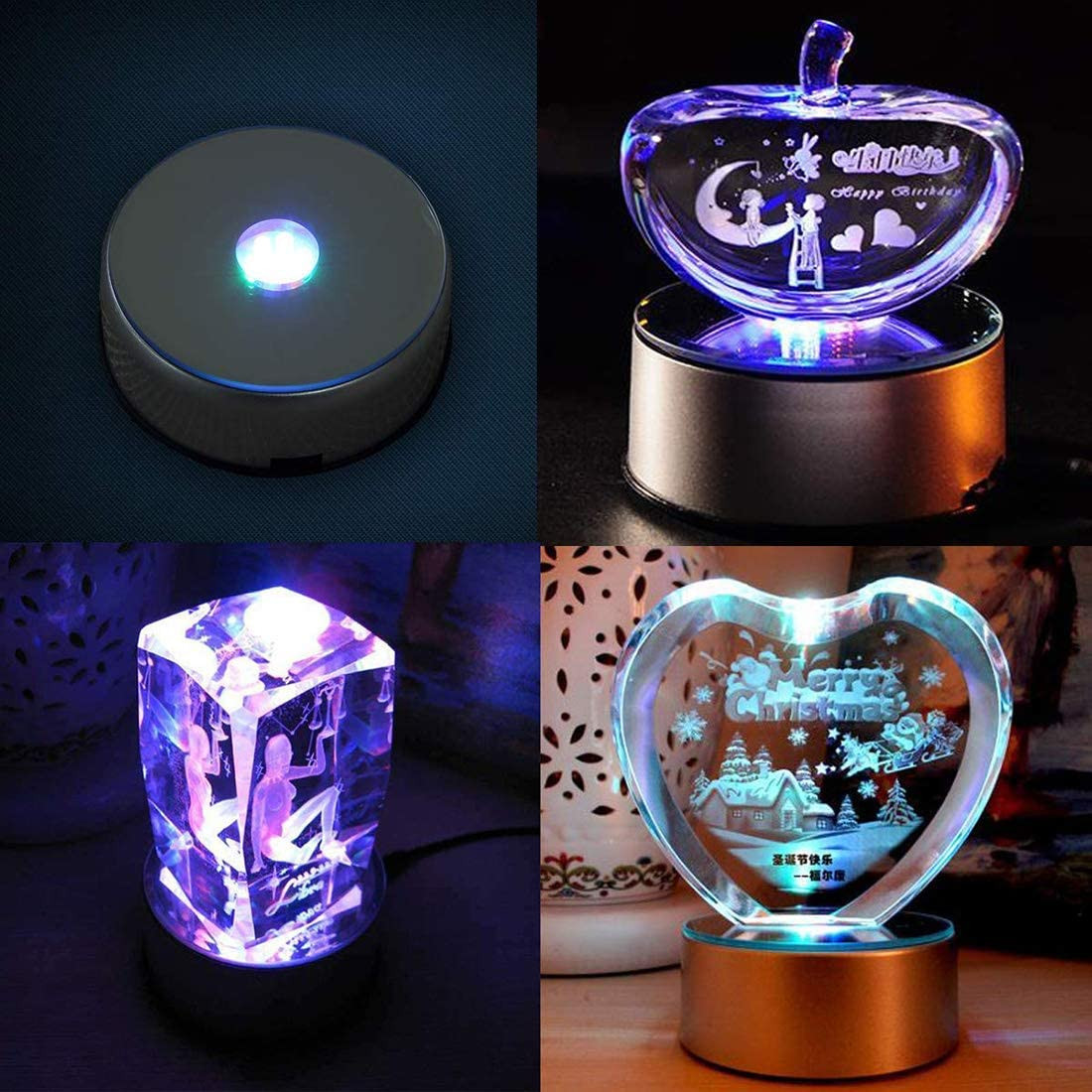 4″ 7 LED Display Turntable Base for Crystals Glass Art 7 Colorful Light Rotating