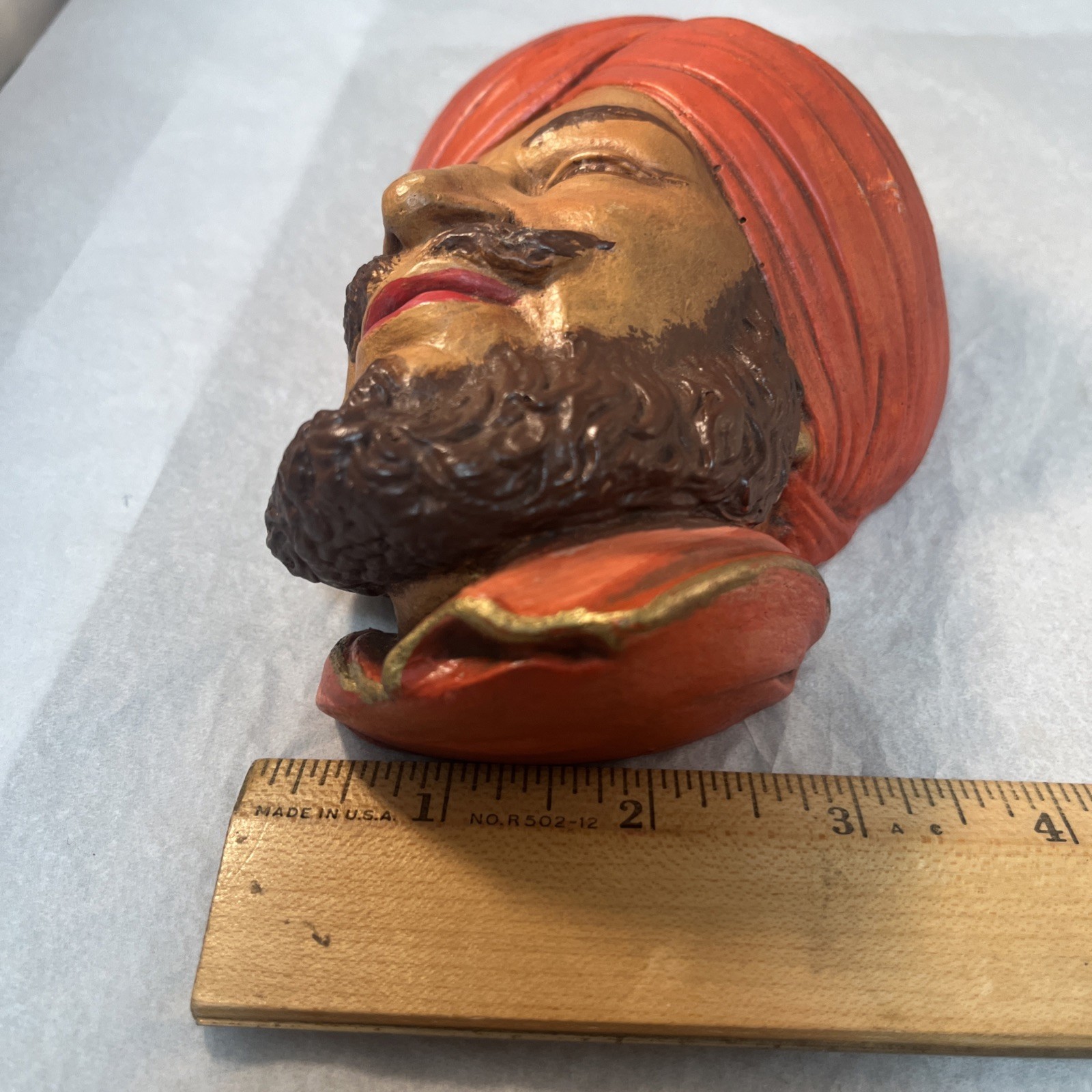 Hand Painted Orange Brown Red Chalkware Sikh Head Wall Ornament