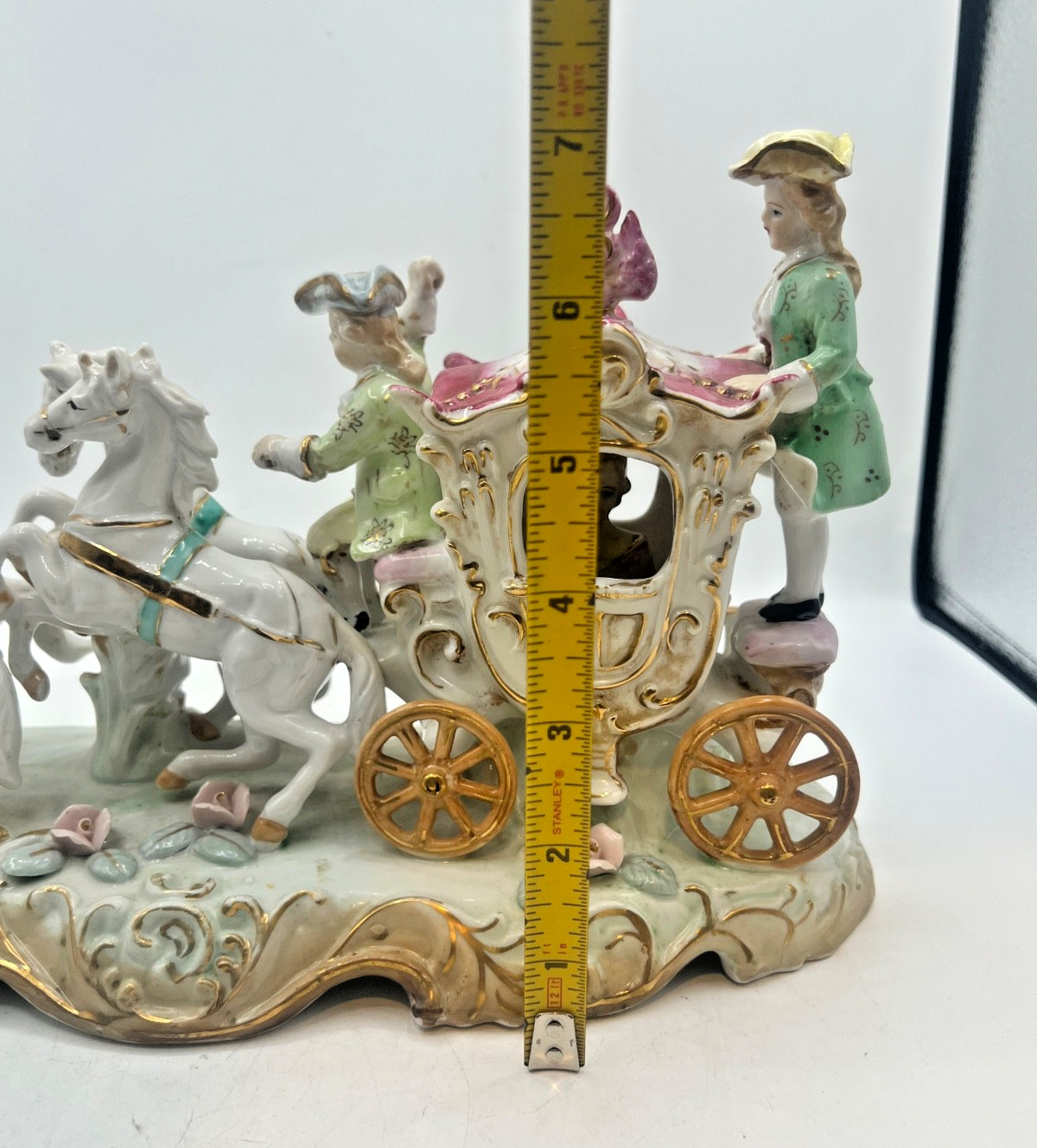 Vintage 1950s Victorian Horse and Carriage Porcelain Ceramic Figure White Gold
