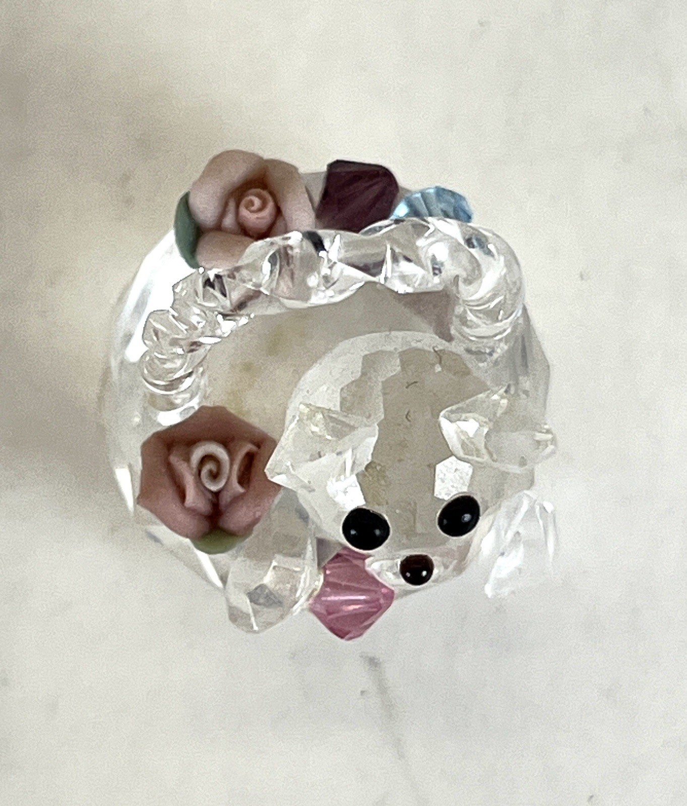 Crystal Basket with Pink Roses Blue and Clear Accents BEAR FACE UNIQUE!