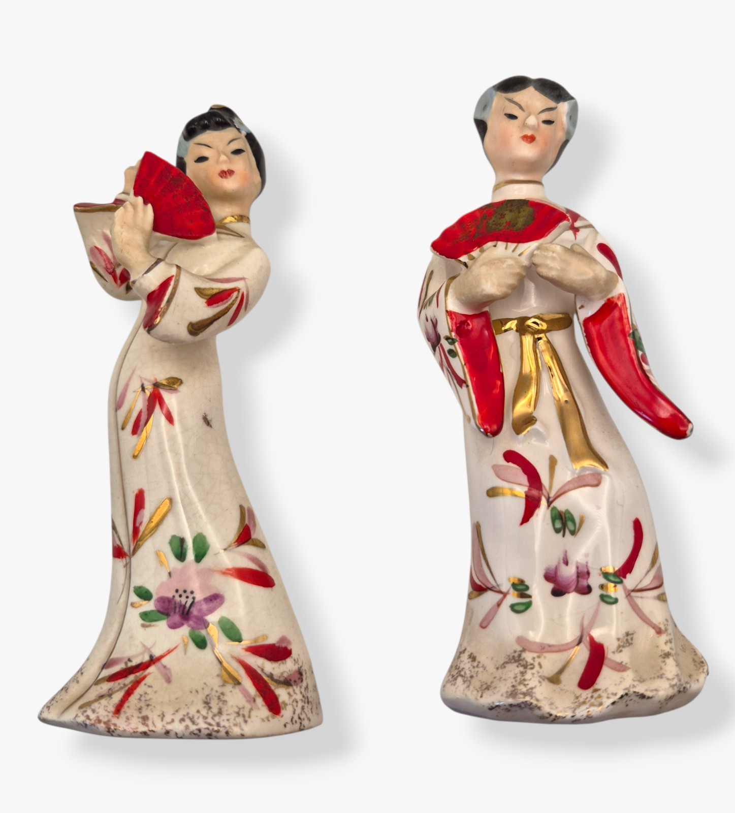 Vintage Japan Geisha Figurines Pair Porcelain Asian Ladies Fans Floral Kimono 6″