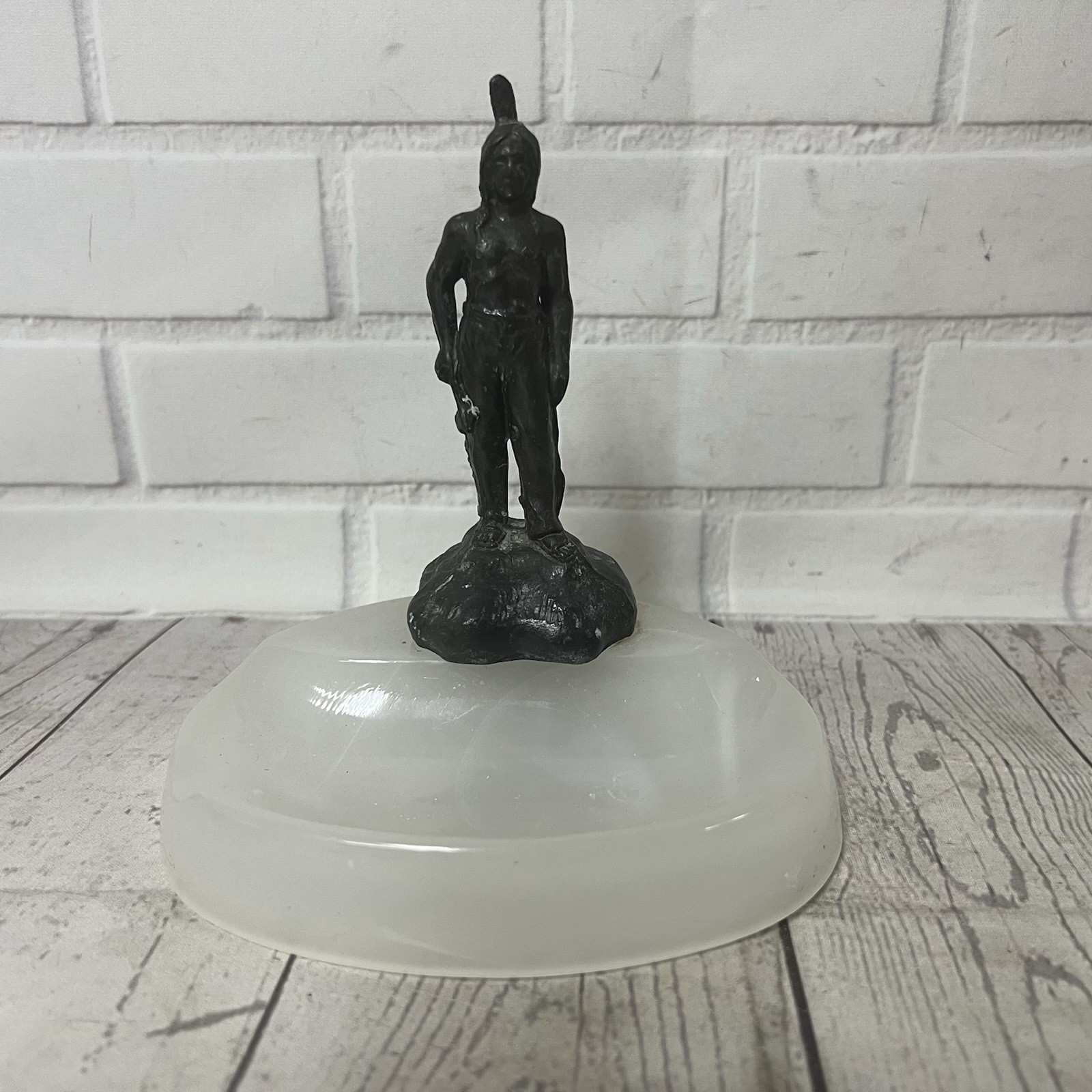 VTG Native American Indian Chief Metal Statue Figurine White Marbled Glass Base
