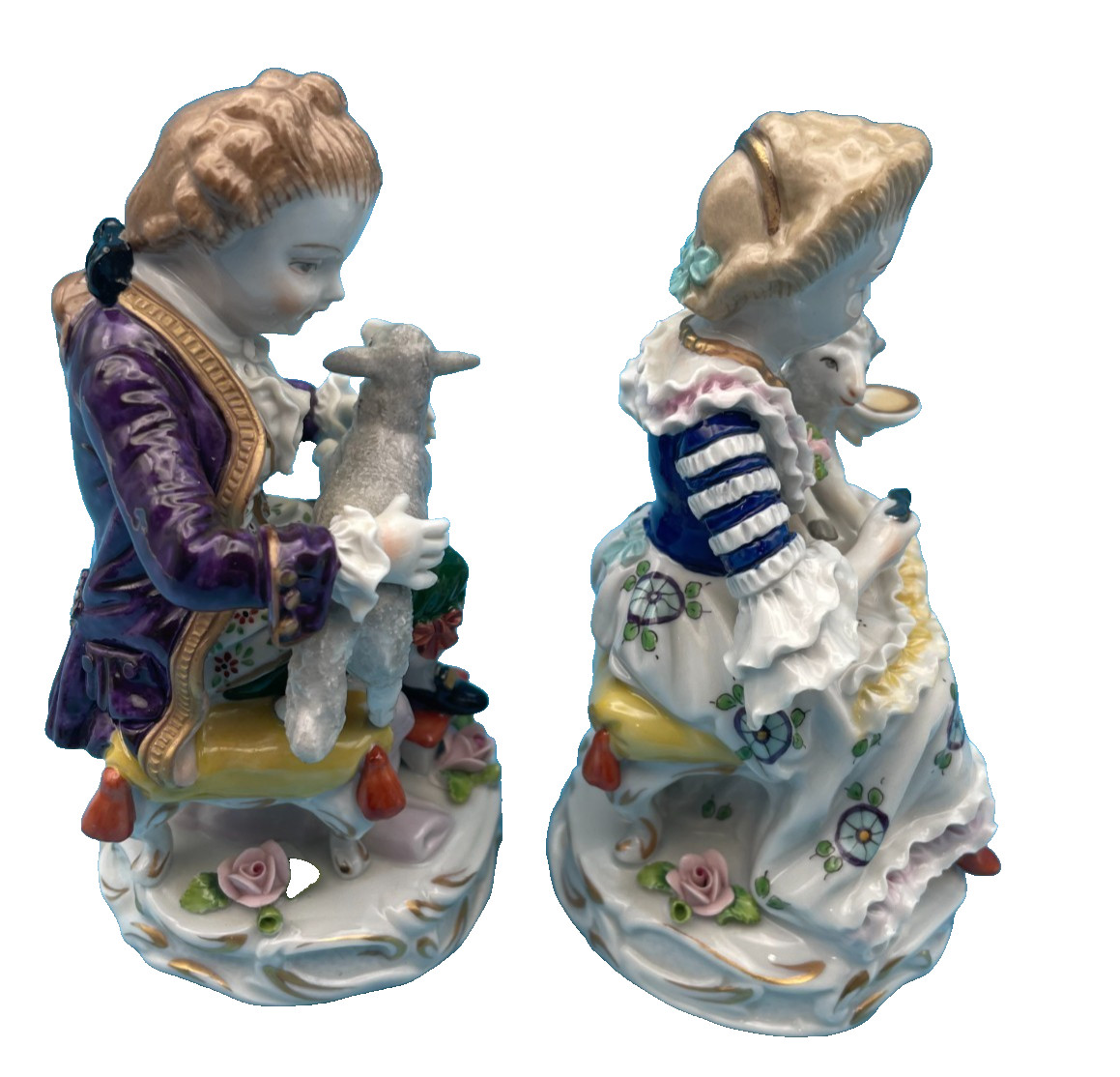 Beautiful Sitzendorf Boy Holding a Lamb & Girl Holding & Feeding a Lamb