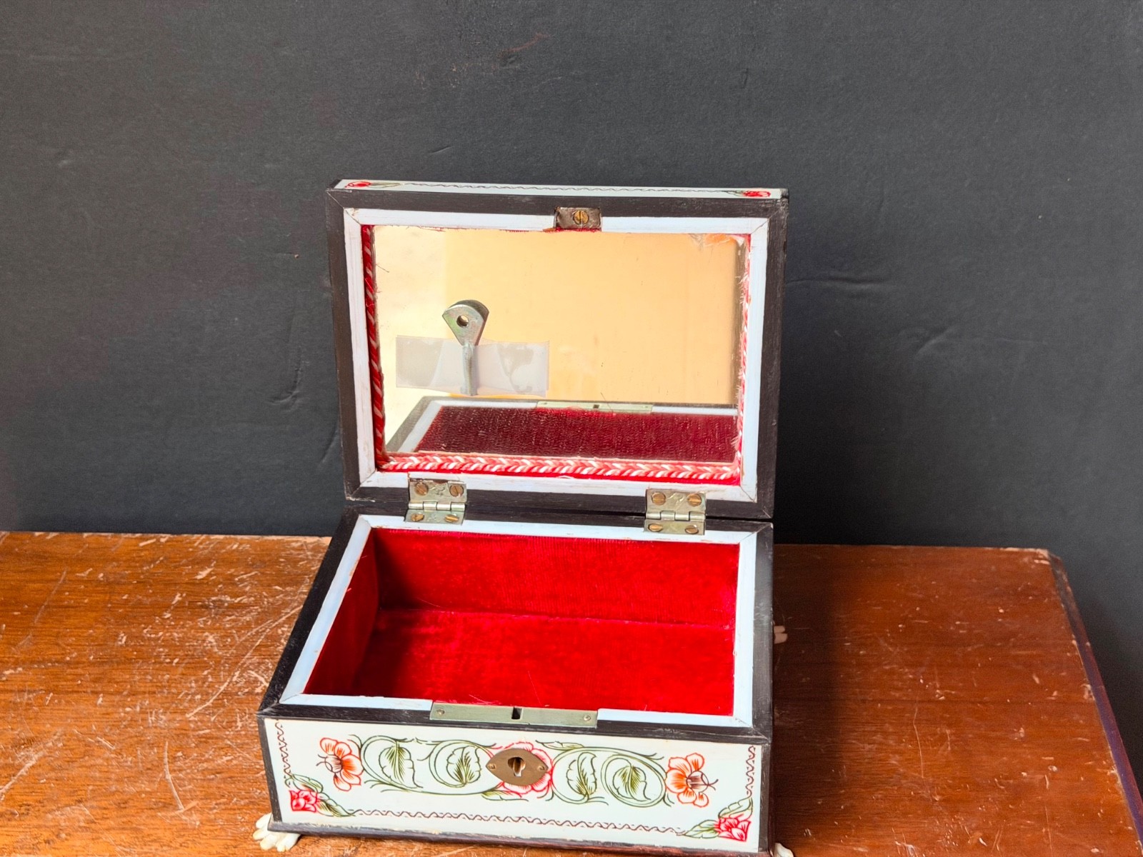 Vintage Hand Painted Indian Jewelry Box with Mirror Ornate Floral Keepsake