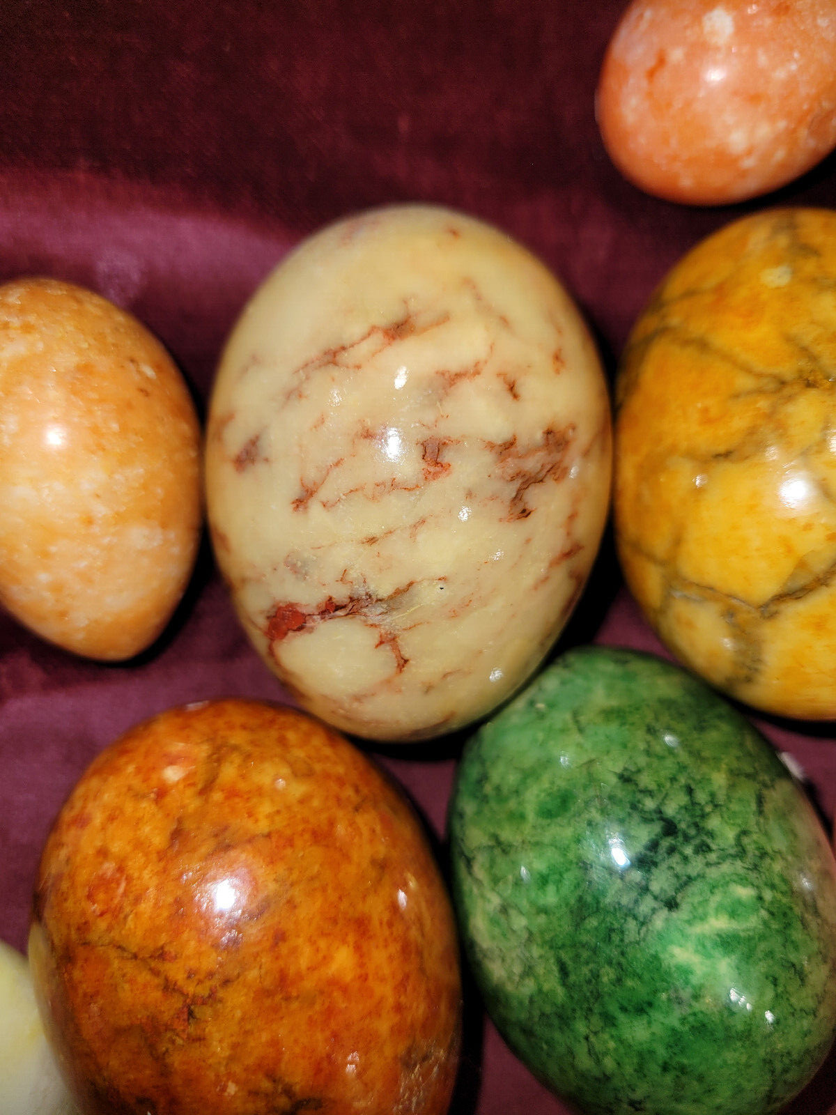 Lot of Eight (8) Assorted Sizes & Colors of Heavy Alabaster Marble Stone Eggs