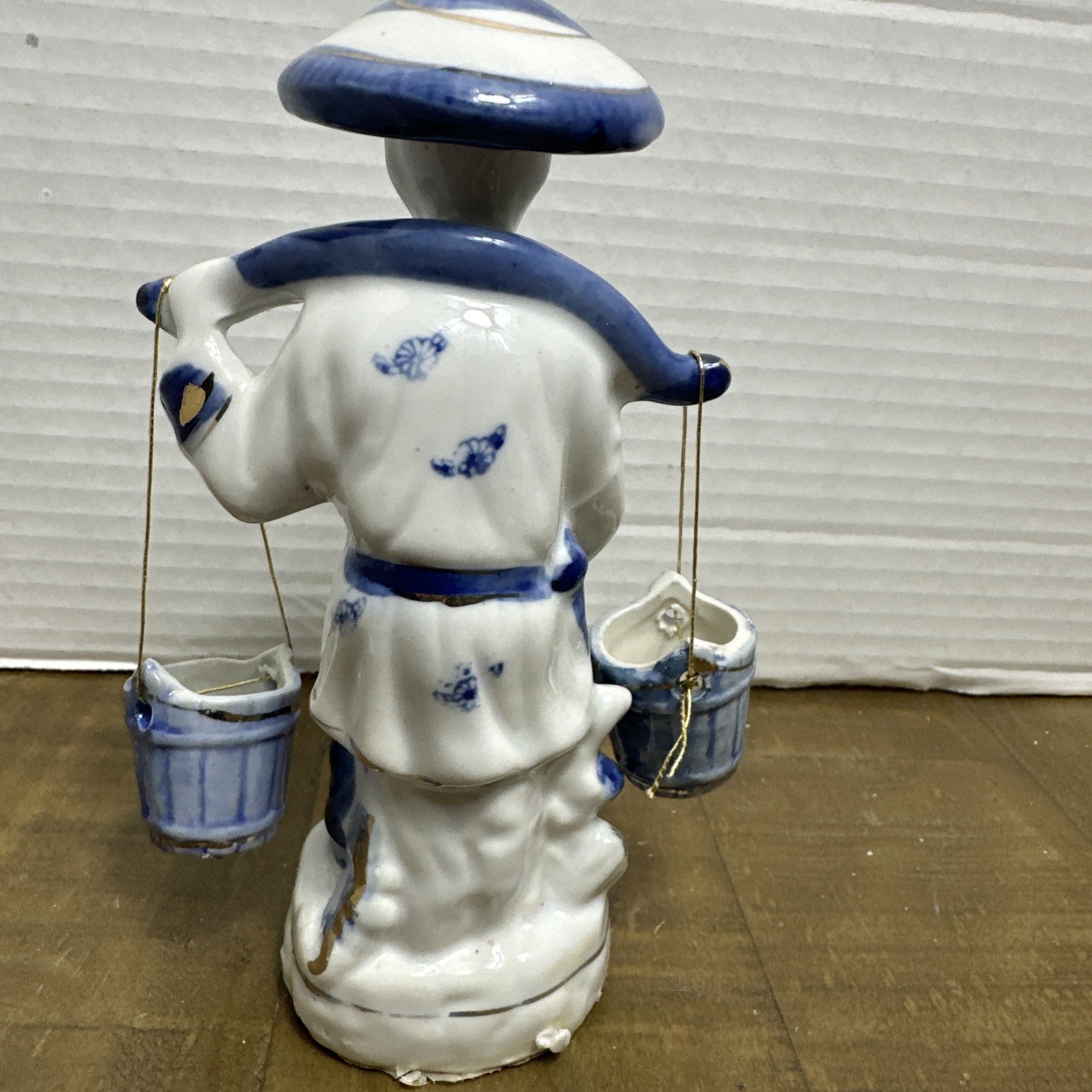 Vtg Porcelain Asian Woman Gatherer Fish Blue White Hanging Buckets 6” Figurine