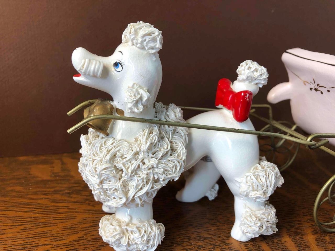 Vintage Napco Pink Gold Buggy Carriage Spaghetti Trim Poodle Dog Sleigh Planter