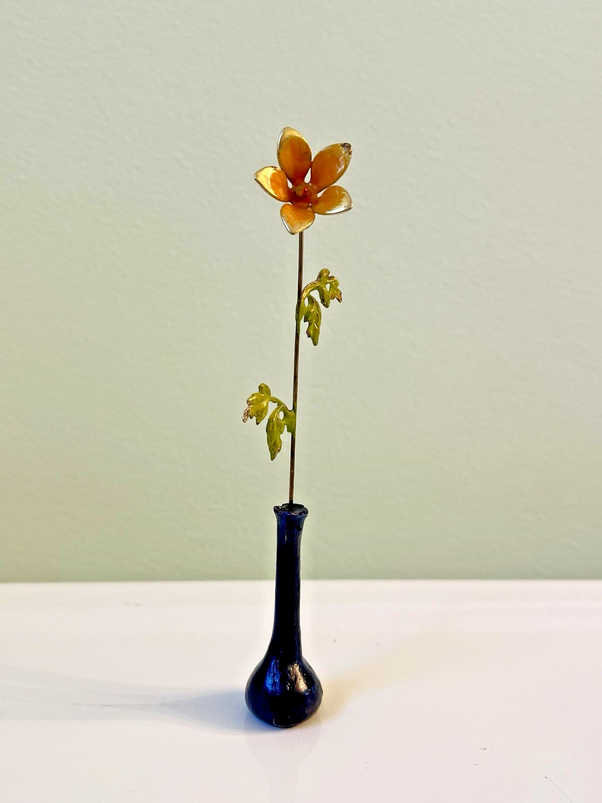 Mid Century Enamel On Metal Flower Art Sculpture in Blue Vase 5.75”