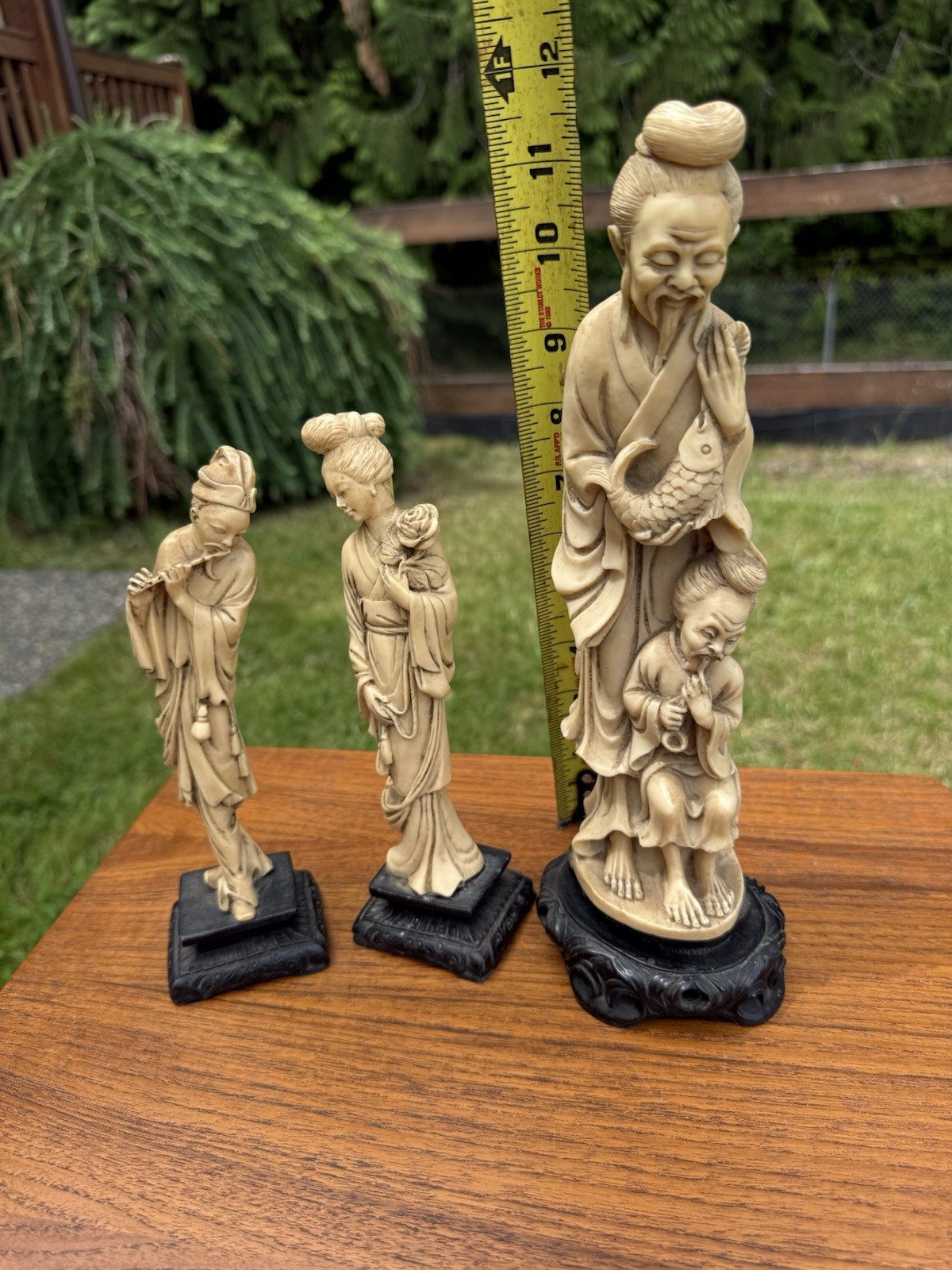 Set of 3 Asian-Style Resin Figurines on Black Bases Carved 11 in Italy