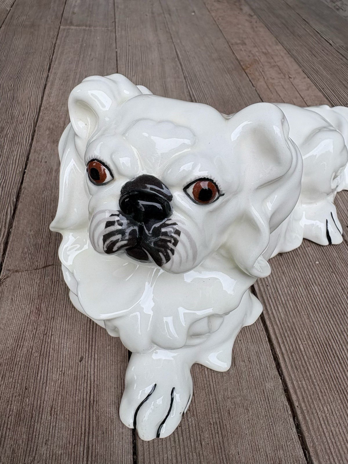 Vintage Pekingnese White Ceramic Dog Figurine Collectible Hand Painted 12” Long
