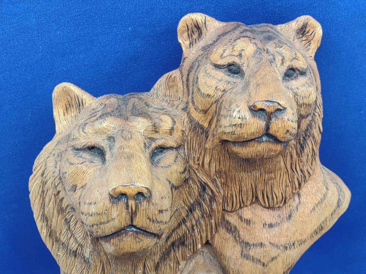 Vtg Wood Carving Bust Pair of Tigers Hardwood on Base 10″ Big Cats Jungle 2003