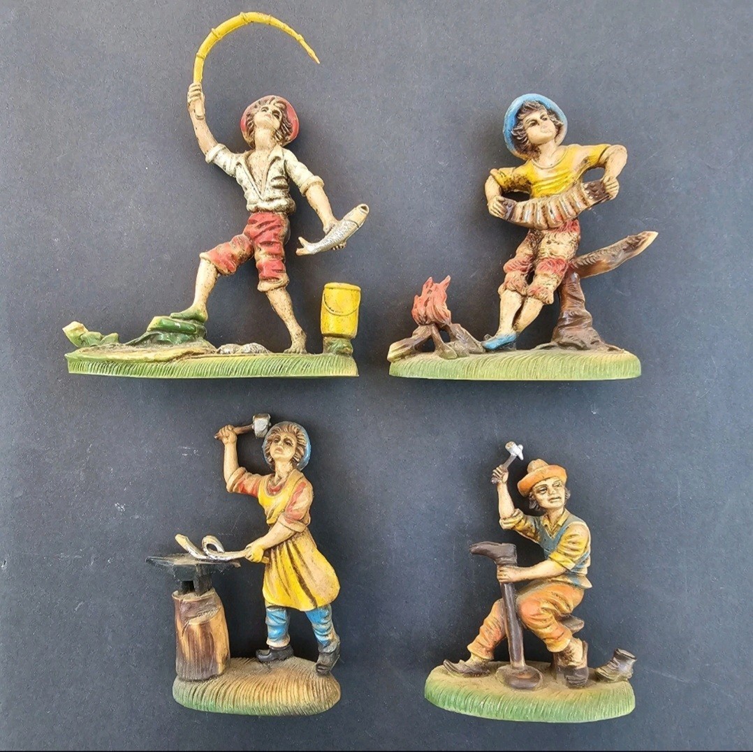 Vintage Plastic Figurines Made In Italy Blacksmith Shoemaker Fisherman Musician