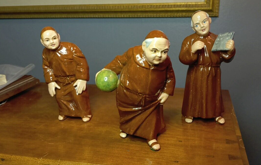 3 Monk Friars Bowling Figurines Ceramic MAYBELLE NEUGUTH SUPER RARE 1950 SIGNED