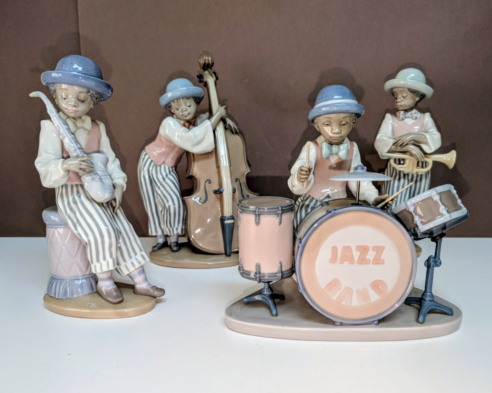 Lladro Black Legacy Jazz Band Drummer, Bass, Saxophone, Horn – Excellent