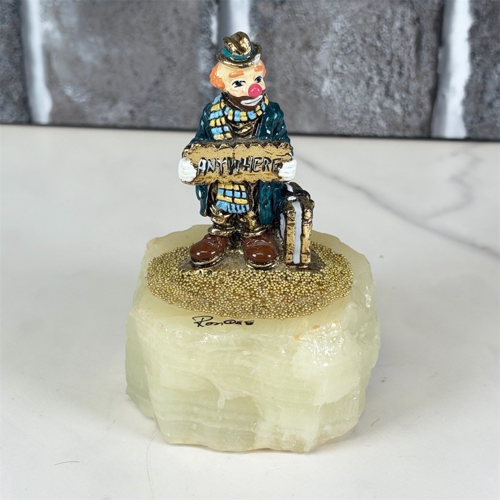 Ron Lee Signed Clown Figurine Anywhere Hitchhiker w/ Suitcase Stone Base